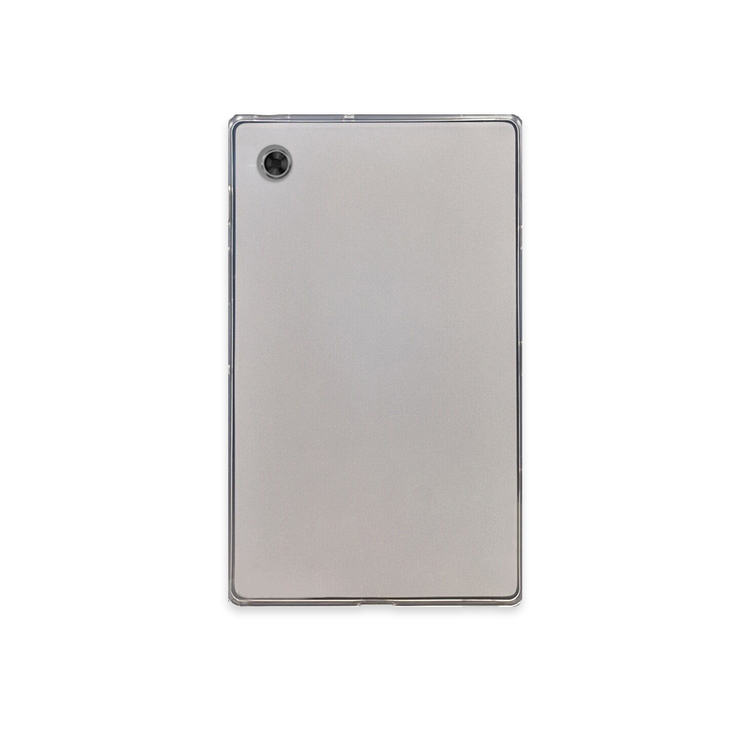 Silberne Tablethülle. Es ist eine schlanke, transparente Hülle mit Kamera.