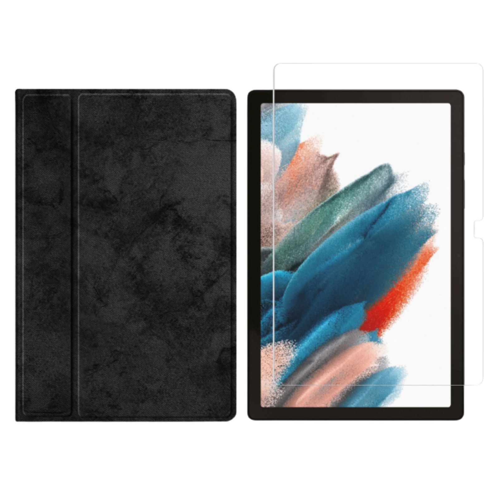 LOBWERK 2in1 Set (Schutzhülle + Kunstleder, Schutzglas) für Samsung Galaxy Zoll X205 10.5 Tab Schwarz Bookcover Case A8 SM-X200