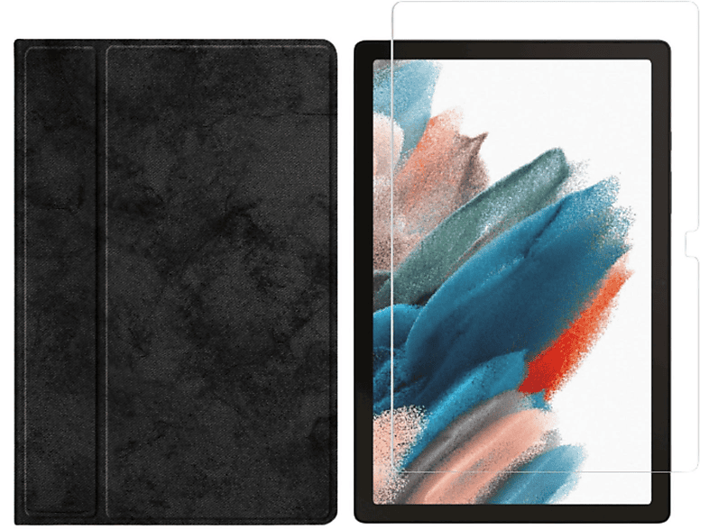LOBWERK 2in1 Set (Schutzhülle + Schutzglas) Case Bookcover für Samsung Galaxy Tab A8 SM-X200 X205 10.5 Zoll Kunstleder, Schwarz