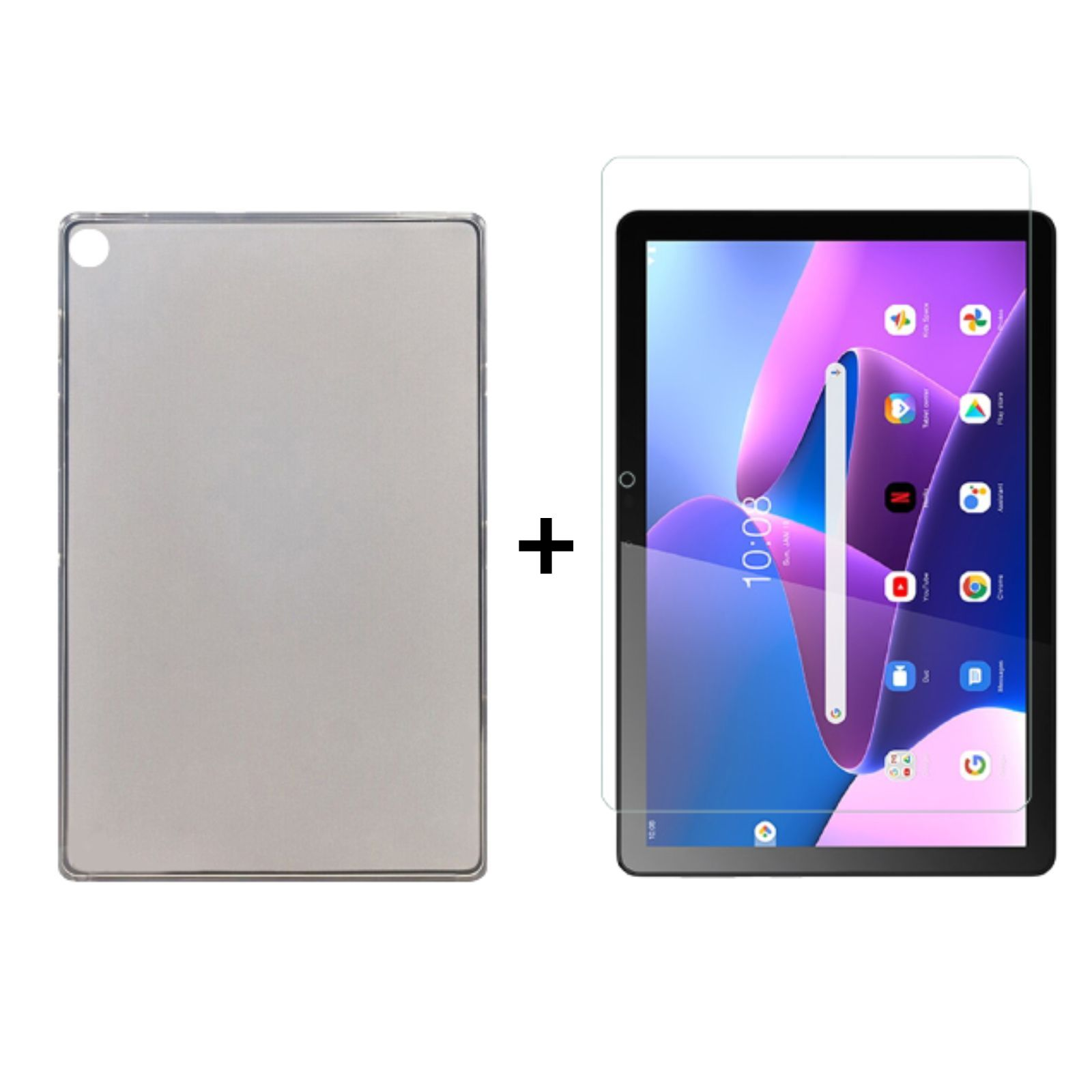 Eine Tablet-Hülle mit einem Tablet und einem Displayschutz. Das Tablet liegt neben der Hülle.