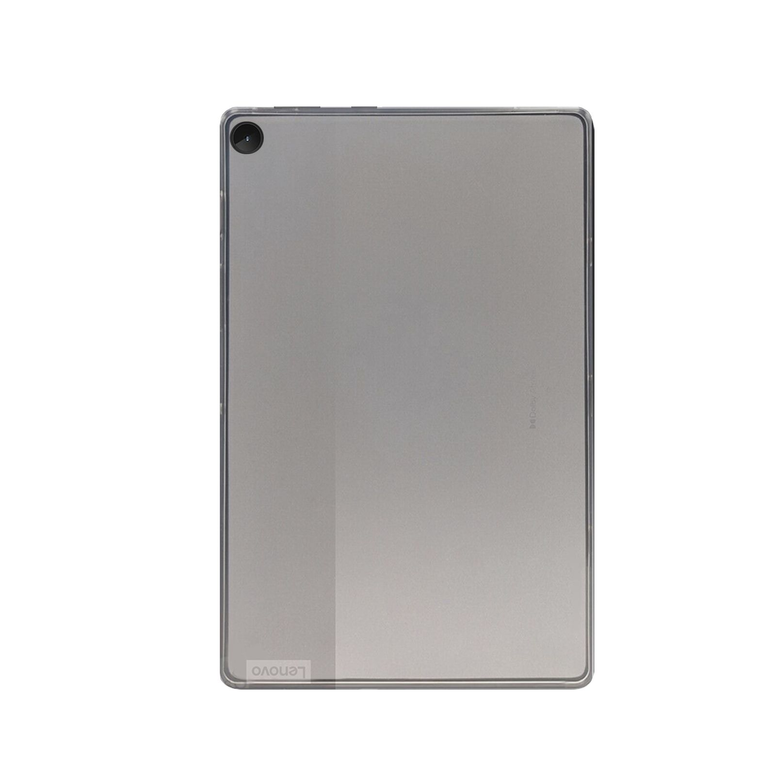 Ein silbernes Tablet, Rückansicht. Das Tablet hat eine Kamera und das Lenovo-Logo.