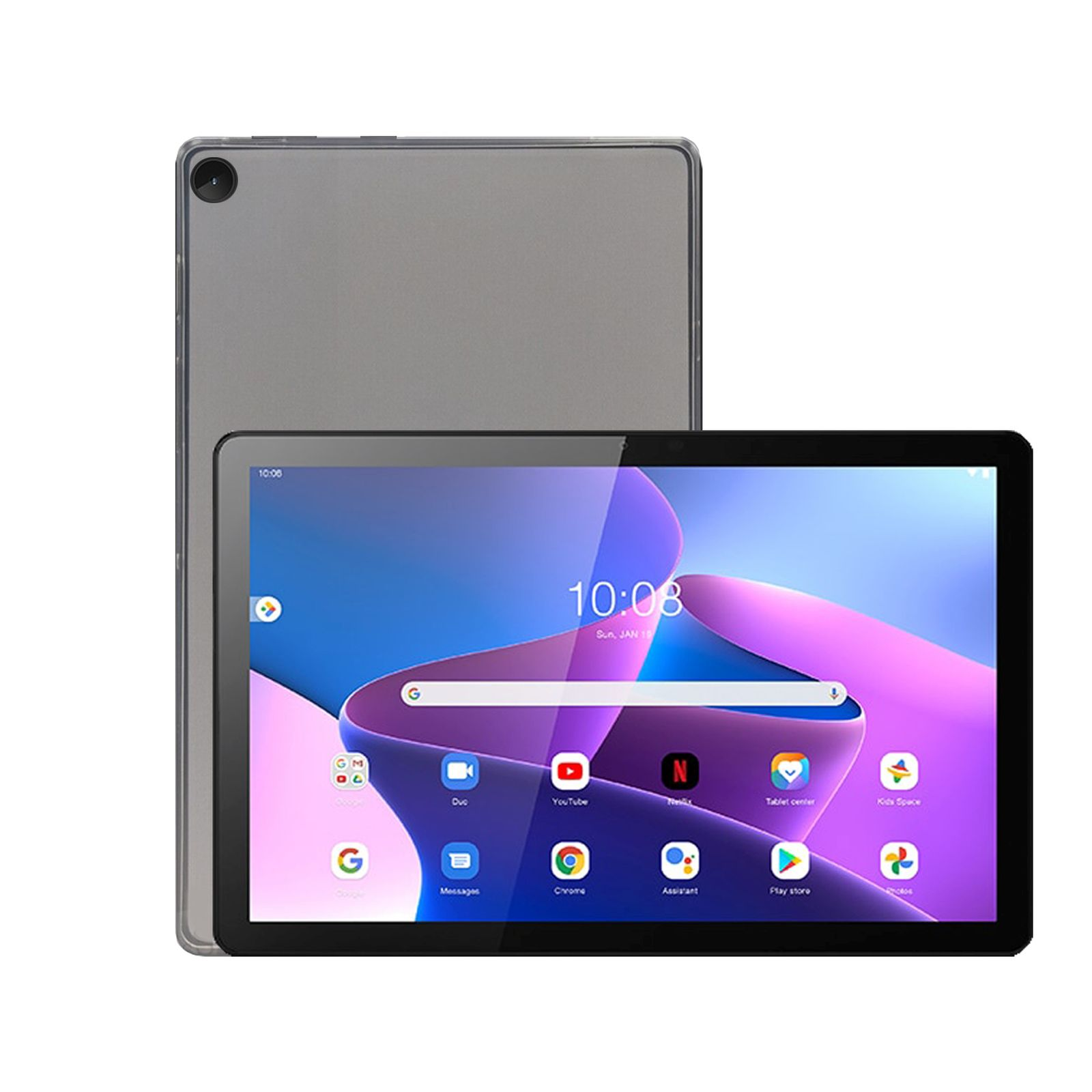 Ein Tablet mit schwarzem Bildschirm auf weißer Oberfläche, mit silberner Rückseite. Die Uhrzeit ist 10:03 Uhr.