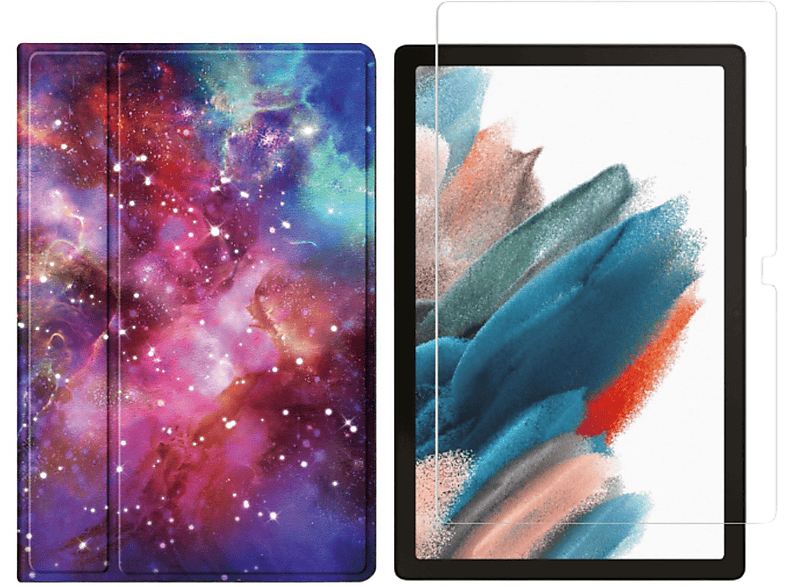 LOBWERK 2in1 Set (Schutzhülle + Schutzglas) Case Bookcover für Samsung Galaxy Tab A8 SM-X200 X205 10.5 Zoll Kunstleder, Mehrfarbig