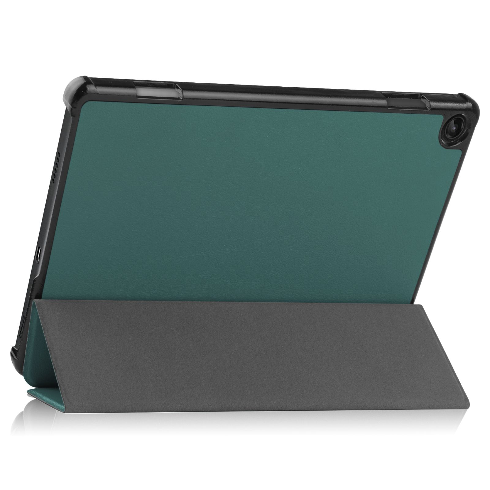 Ein Tablet in einer grünen Hülle, der Bildschirm zeigt eine Tablet-Oberfläche. Die Hülle ist gefaltet.