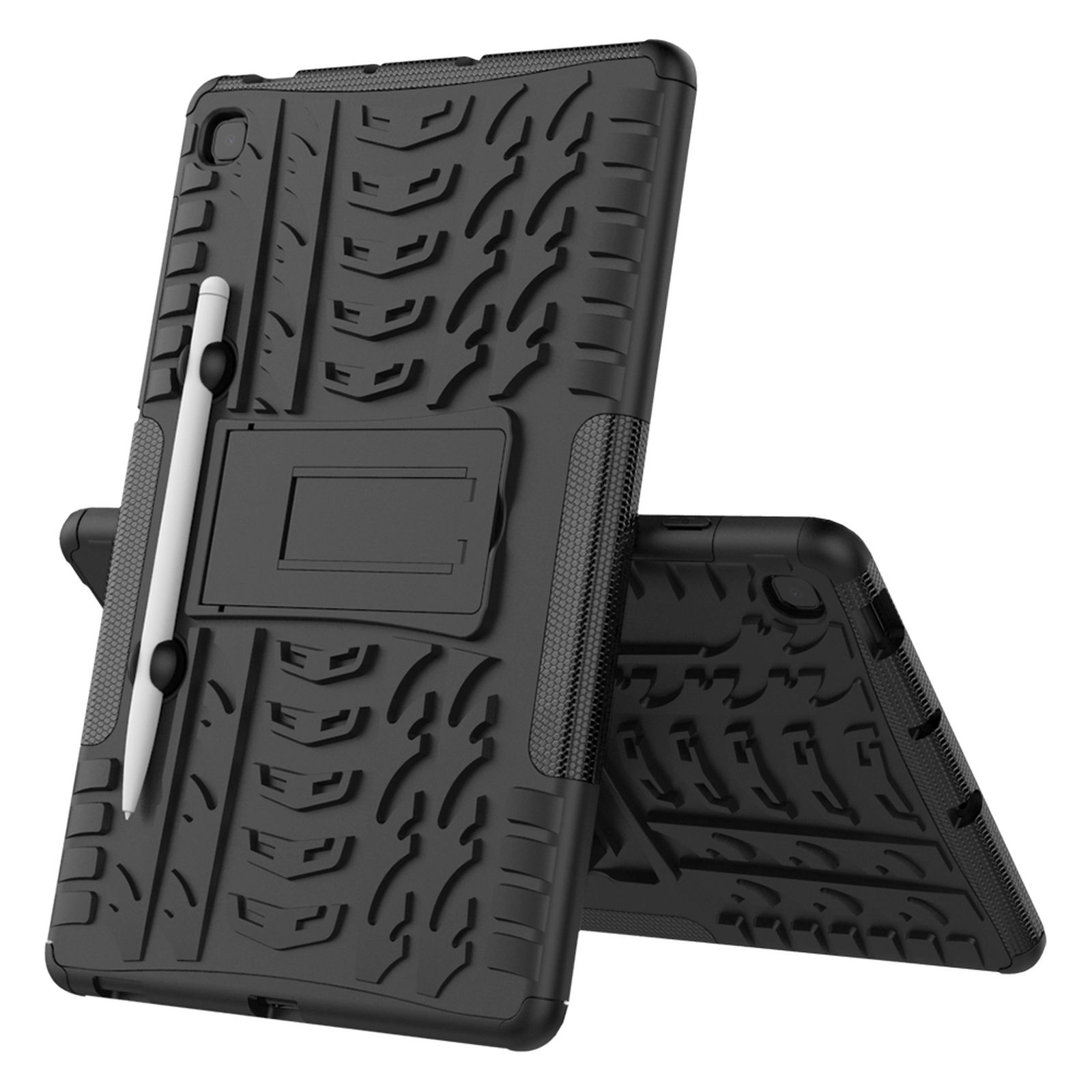 Schwarze Tablethülle mit Ständer und Stift. Tablethülle ist schwarz mit Muster.