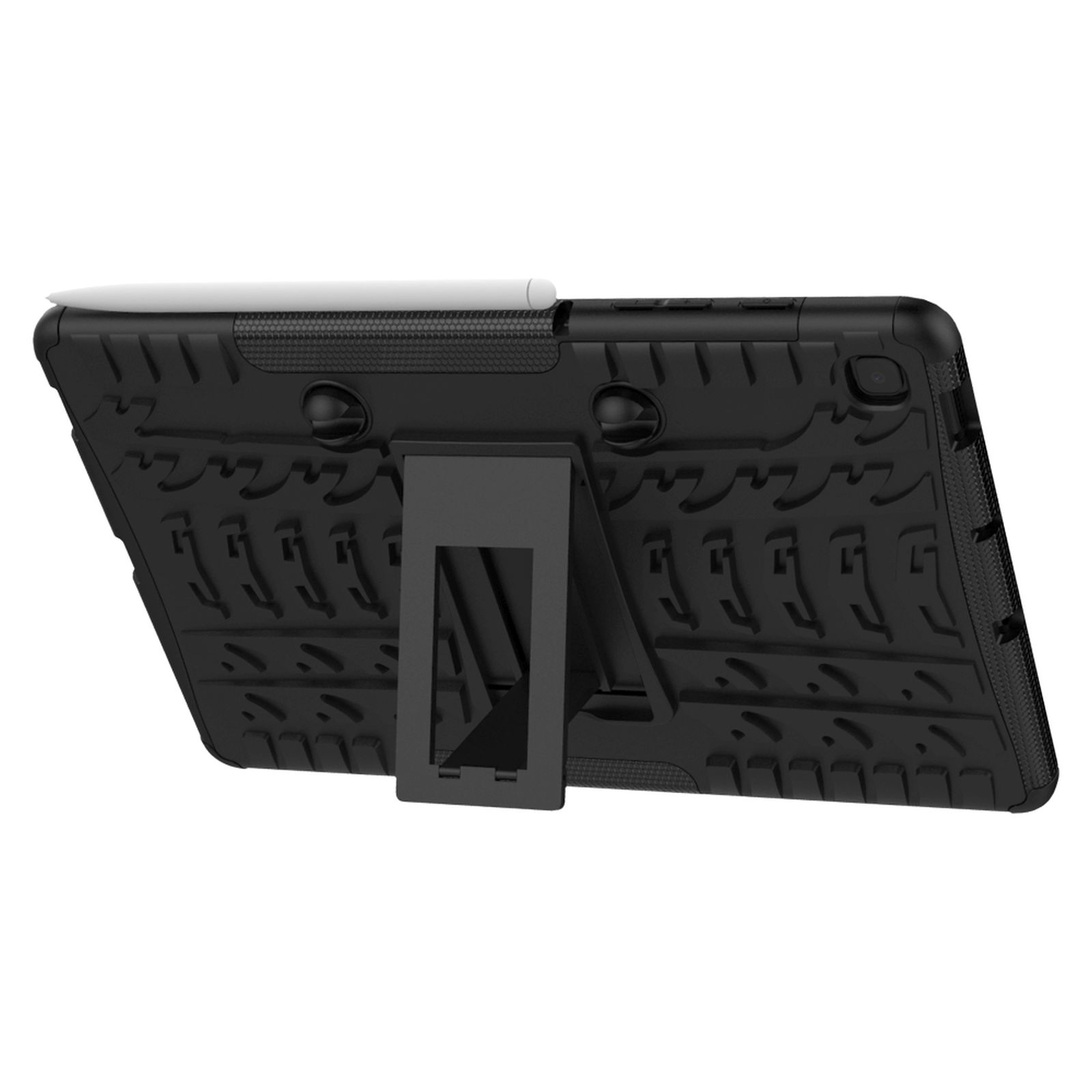 Schwarze Tablethülle mit Ständer und Stift. Die Hülle ist strukturiert, mit einem schwarzen Stift.