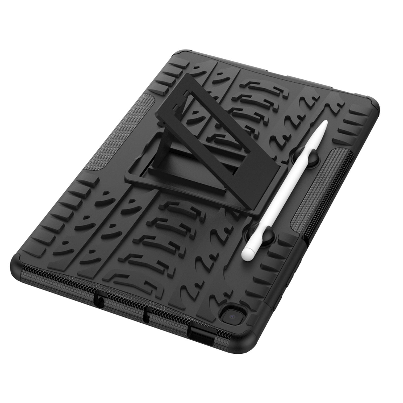 Schwarze Tablethülle mit Ständer und Stift. Es hat ein robustes Design.
