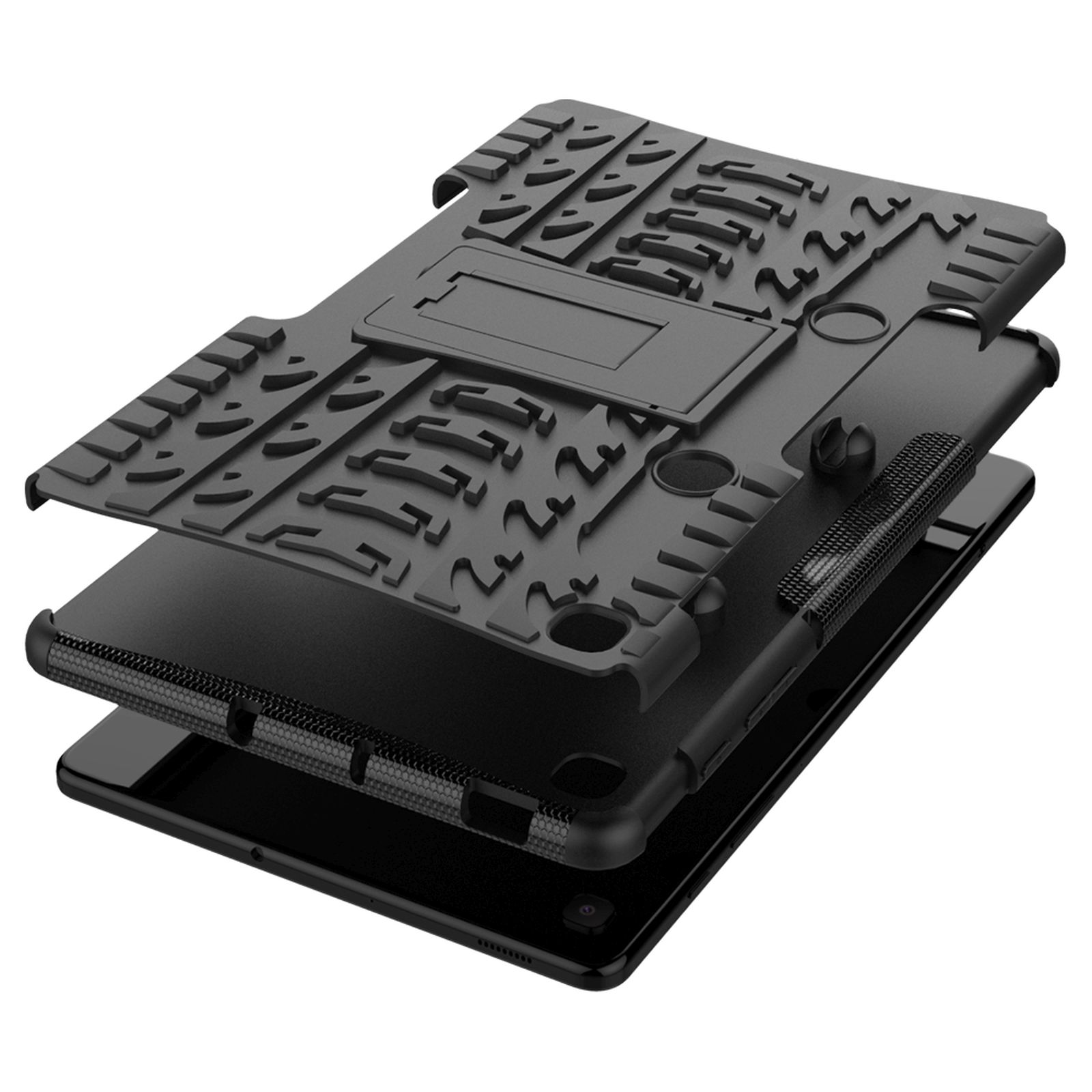 Schwarze Tablet-Hülle mit robustem Design. Zeigt die Tabletschichten und Details.