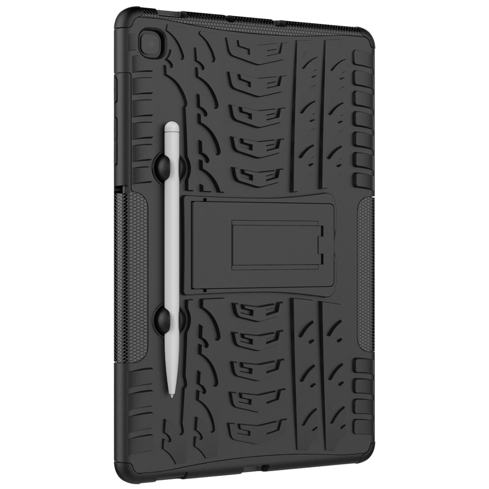 Eine schwarze Tablethülle mit Ständer und Stift. Die Hülle hat ein strukturiertes Design. Der Stift ist weiß.
