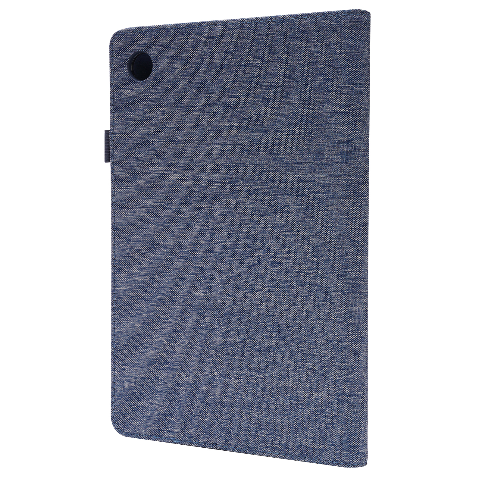 Eine blaue Tablethülle mit strukturierter Oberfläche, geschlossen. Ein schwarzer Kameraknopf ist sichtbar.