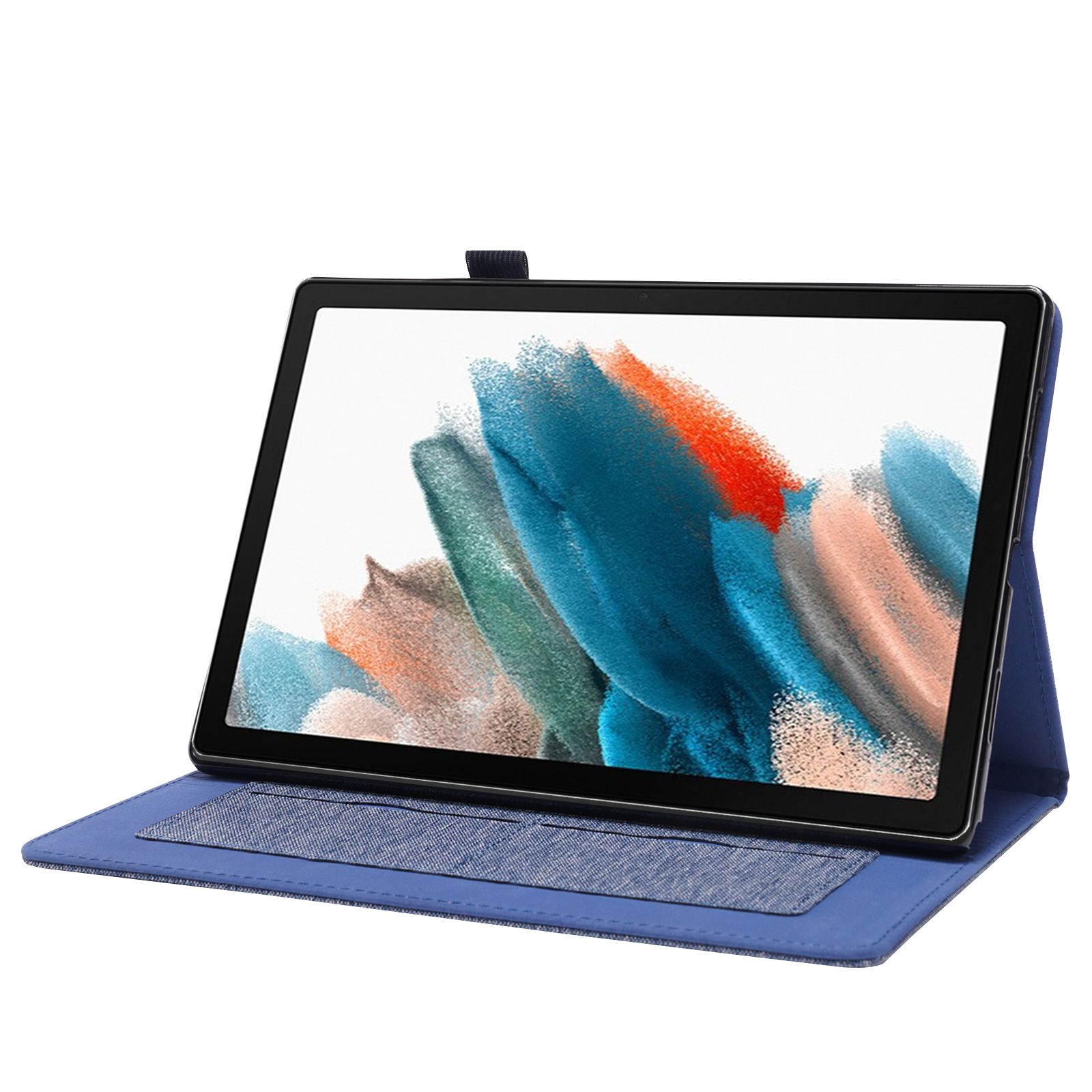 Tablet in blauer Hülle, offen. Der Bildschirm zeigt ein abstraktes Design. Hintergrund ist weiß.