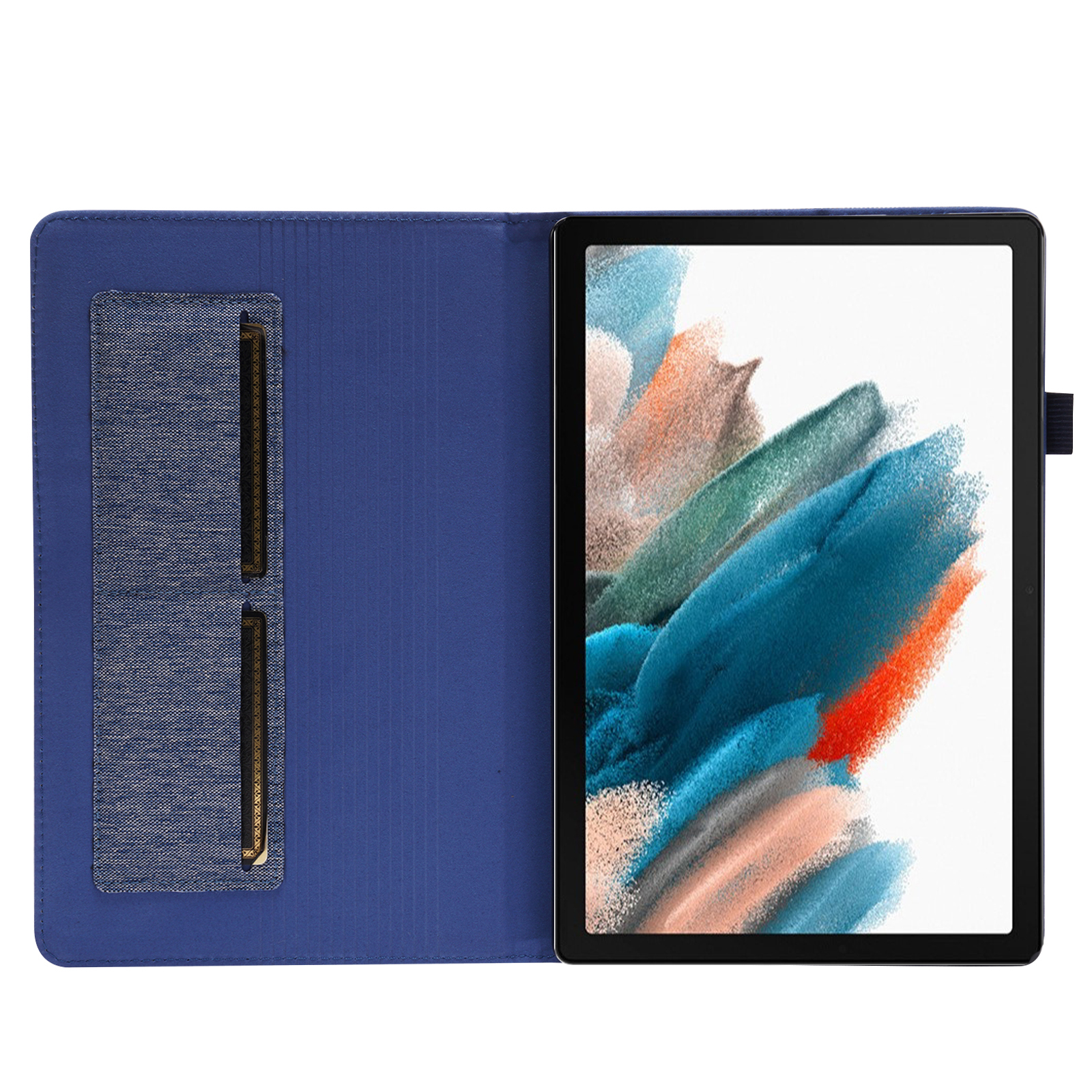 Tablet in einer blauen Hülle, zeigt den Bildschirm mit einem bunten Bild.