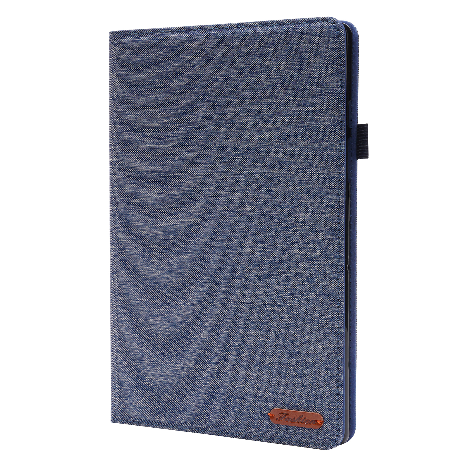 Tablet-Hülle in blauer Denim-Textur mit Lederanhänger.