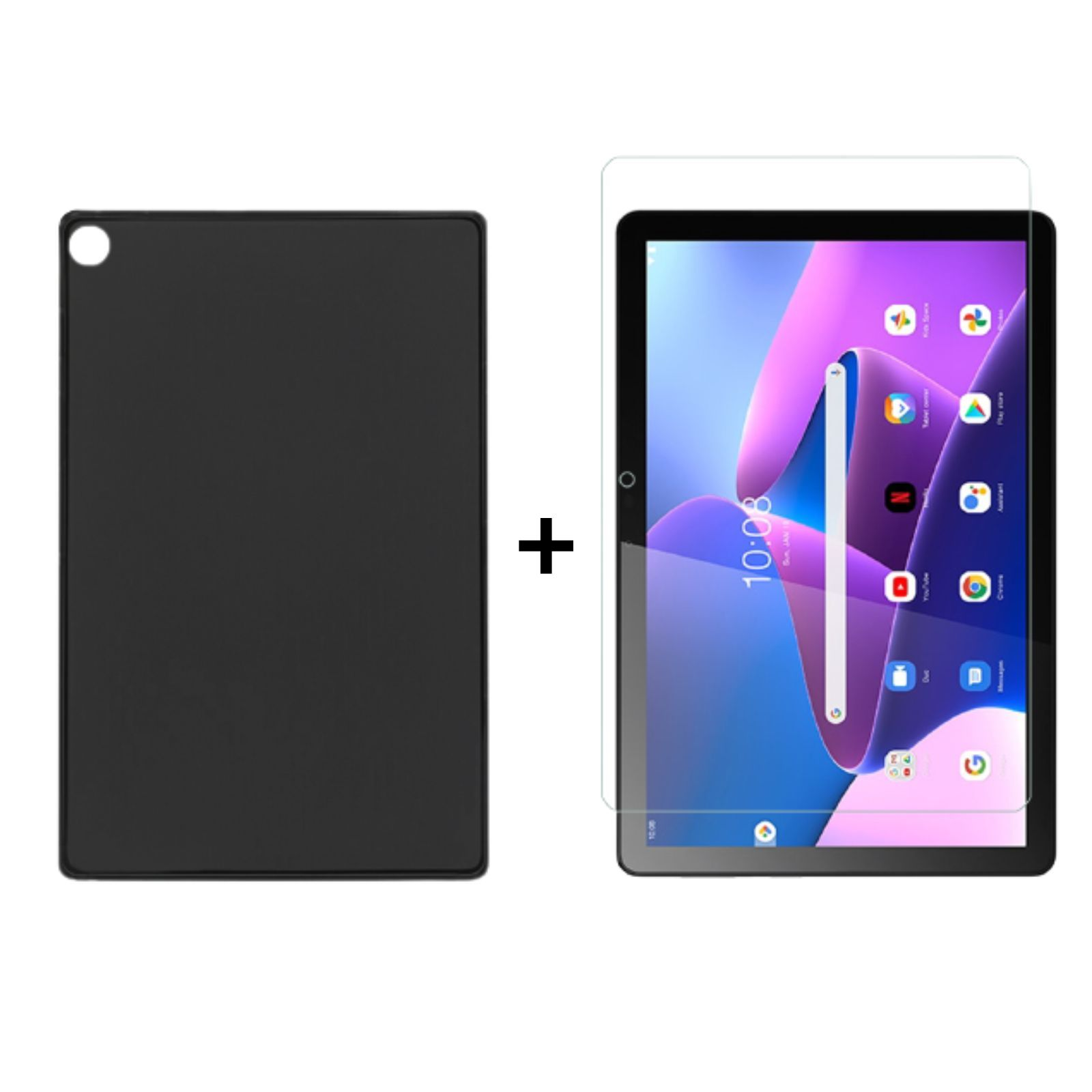 Tablet mit schwarzem Gehäuse und Displayschutzfolie. App-Symbole werden angezeigt.
