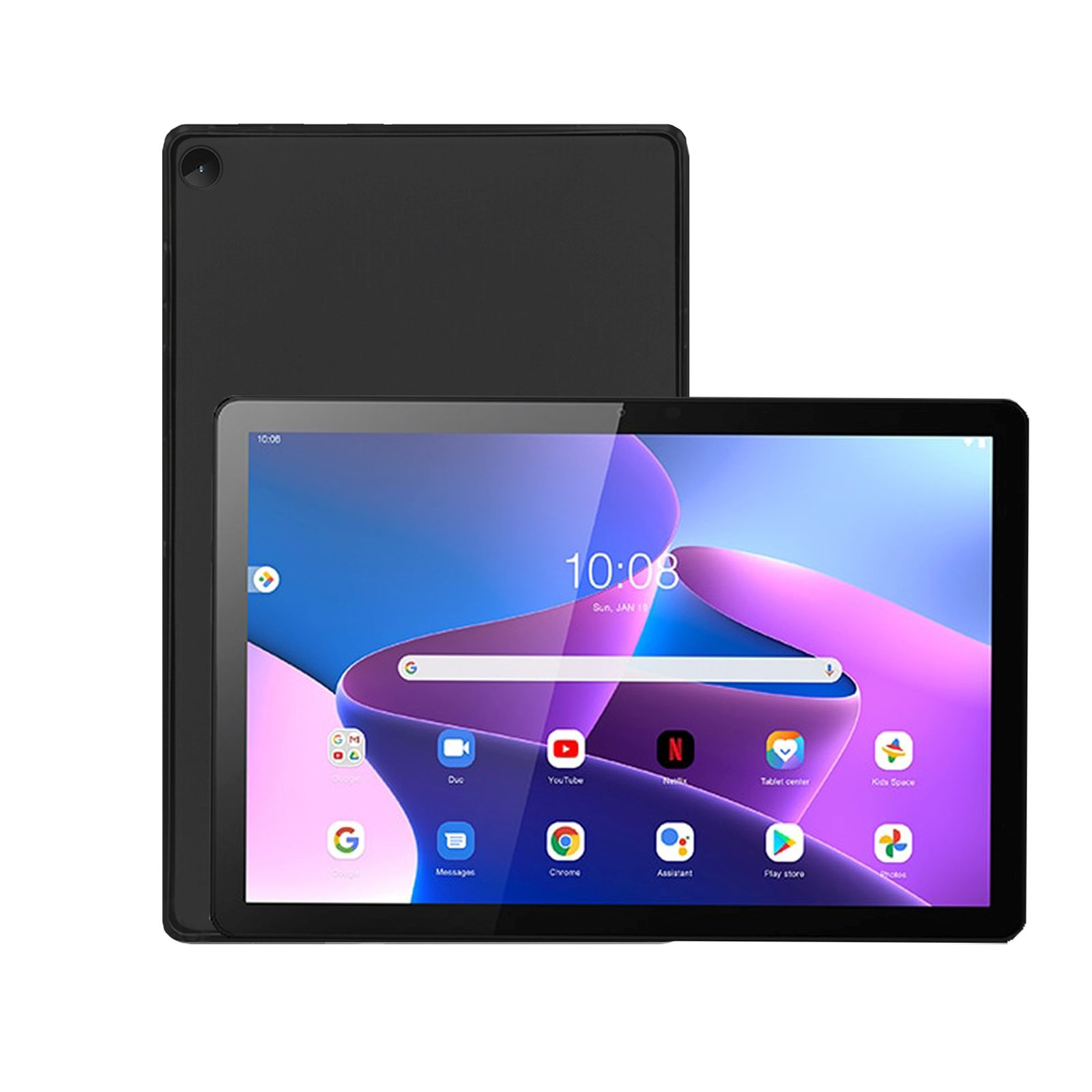 Schwarzes Tablet mit Anzeige, die den Startbildschirm mit App-Symbolen zeigt.