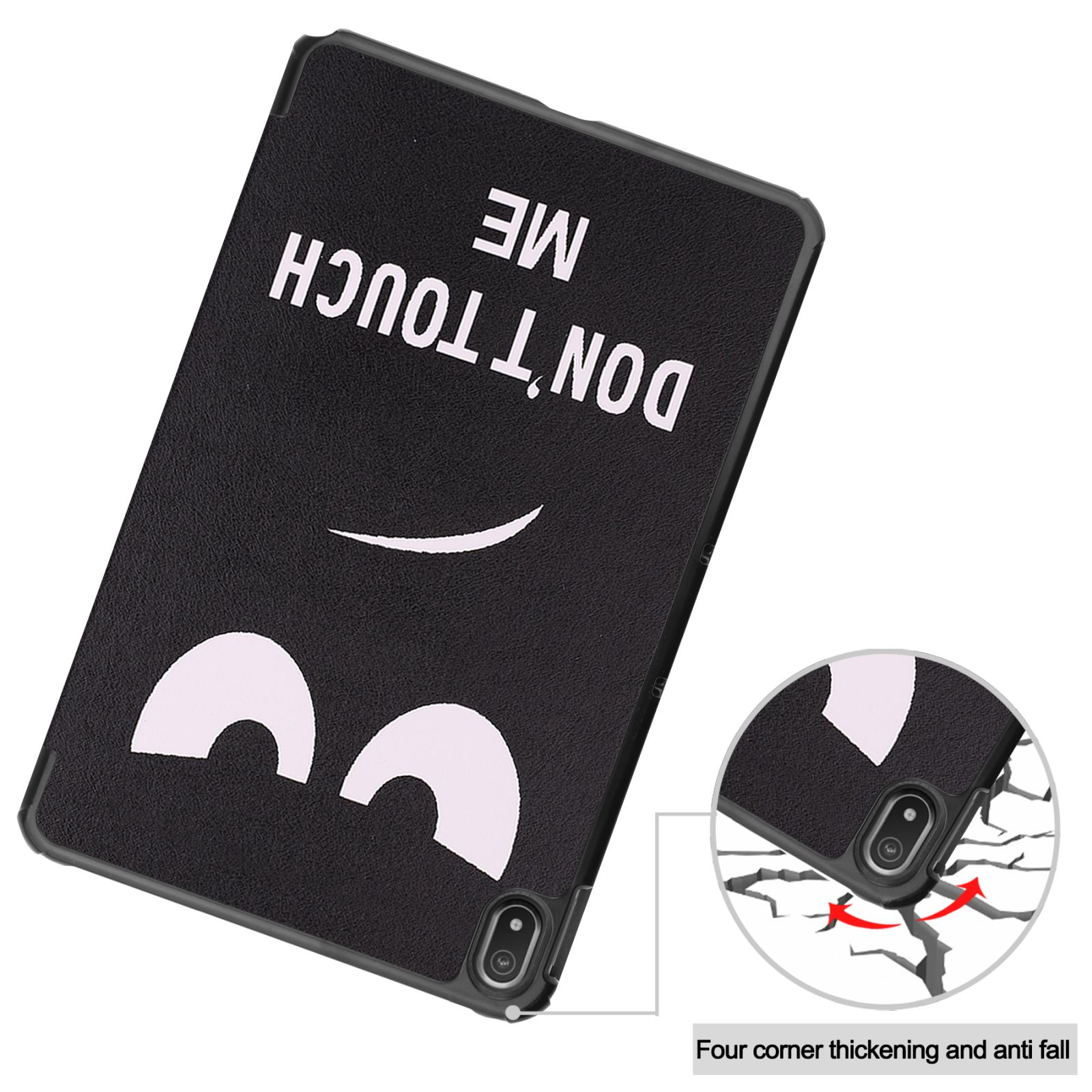 Schwarze Tablet-Hülle mit einem Smiley und den Worten 'DON'T TOUCH ME'.