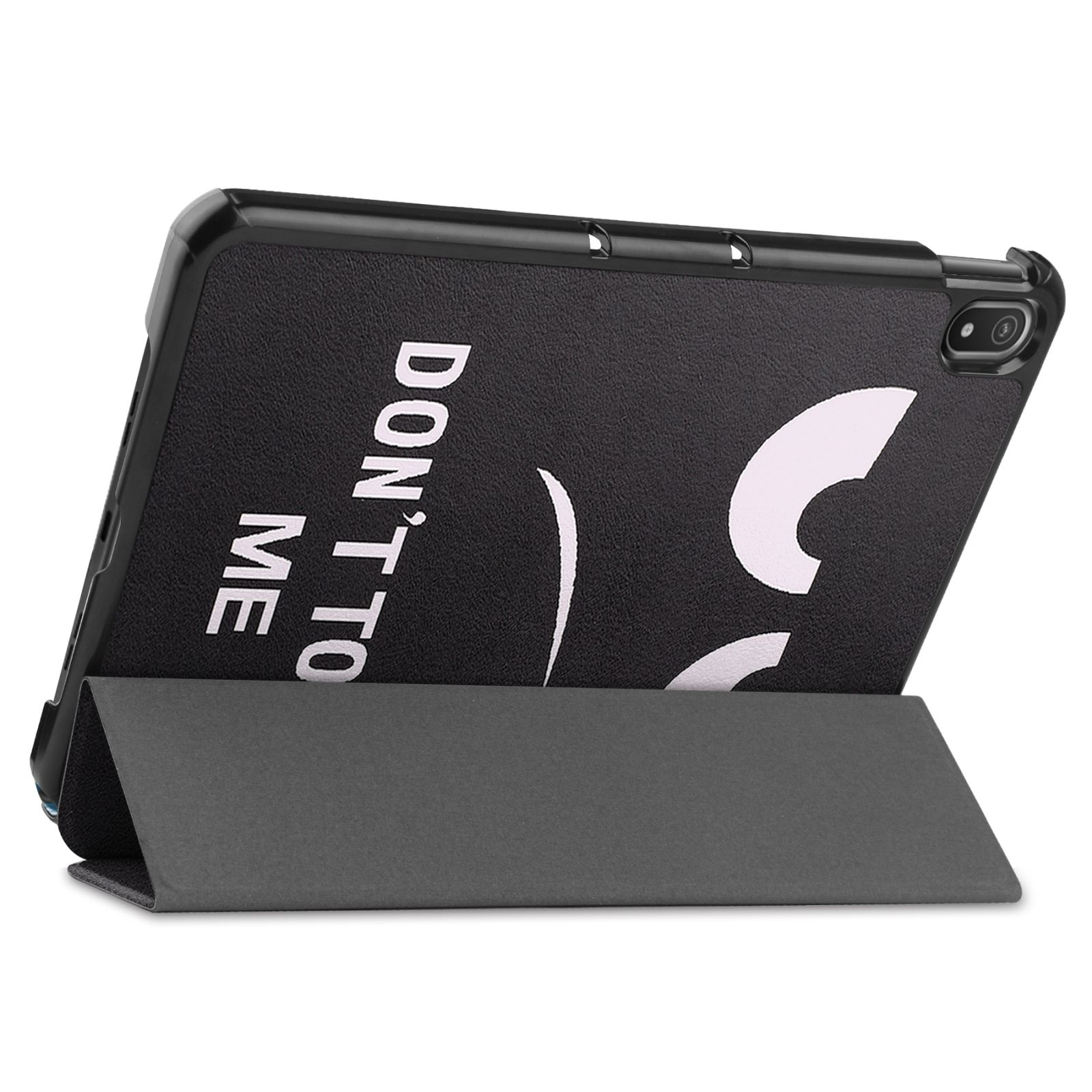 Schwarze Tablethülle mit einem lächelnden Gesicht. Die Hülle ist offen.