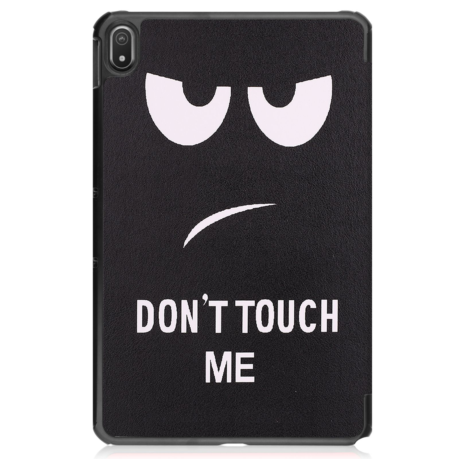 Schwarze Tablethülle mit Gesichtsdesign. Augen und ein Stirnrunzeln, mit den Worten "DON'T TOUCH ME".