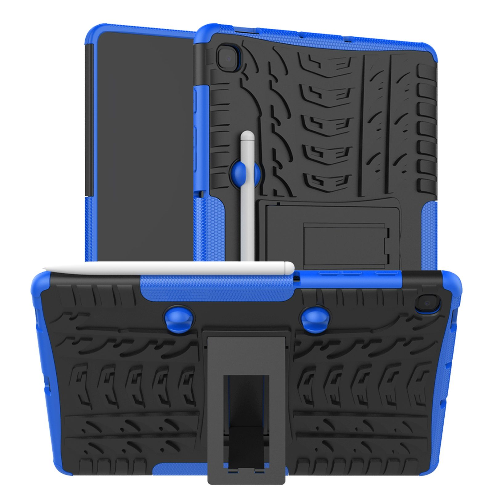 Blau-schwarze Tablet-Hülle. Sie hat einen Ständer, einen Stift und ein robustes Design.