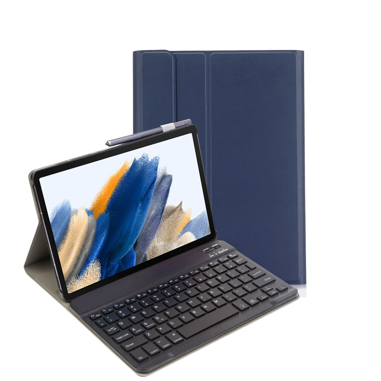Blaue Tablethülle mit Tastatur und Stift. Tablet mit Tastatur sichtbar.