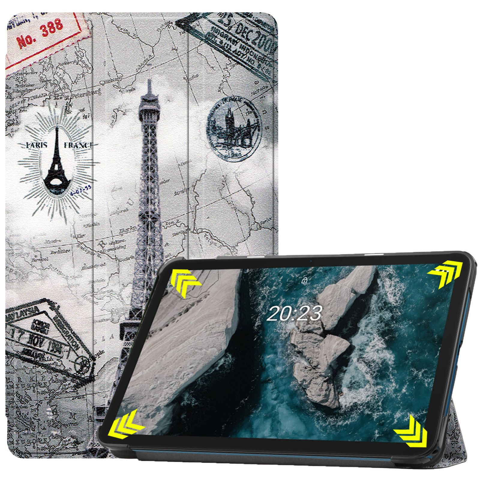 Tablet mit Eiffelturm-Hülle. Die Hülle hat ein Kartendesign. Das Tablet zeigt eine Küstenszene.