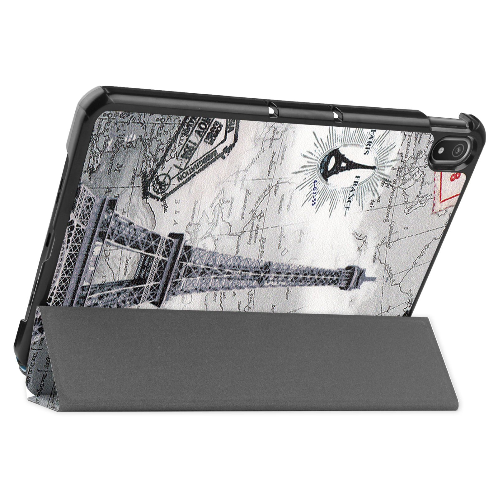 Tablet in offener Hülle mit Eiffelturm-Design. Grauer Hintergrund.