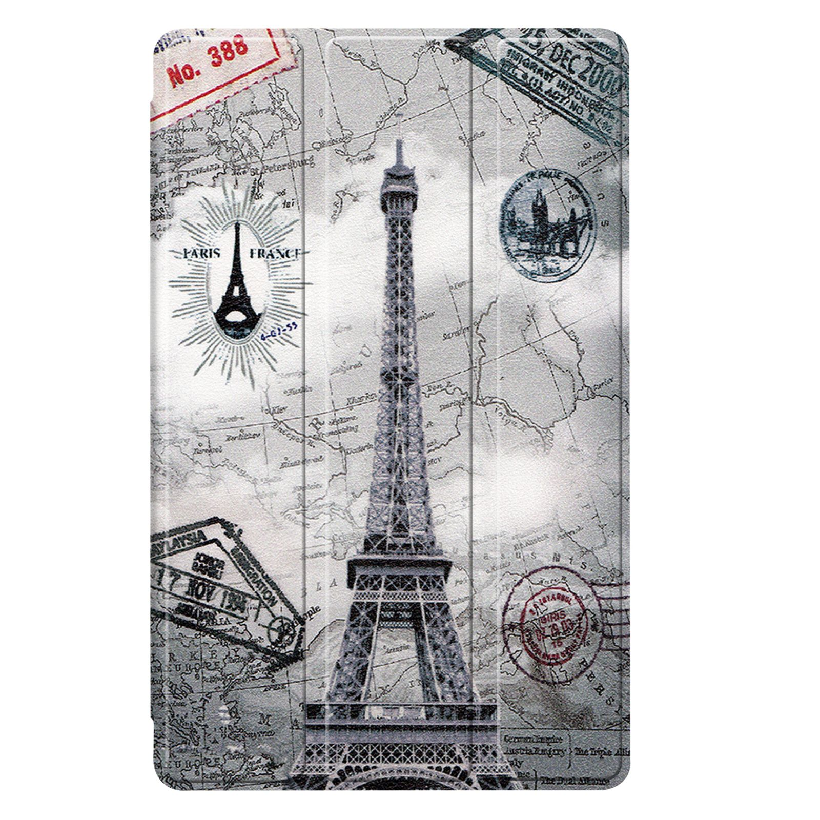 Tablethülle mit Eiffelturm-Bild. Briefmarken und Kartenhintergrund. Grau, Weiß und Rot.