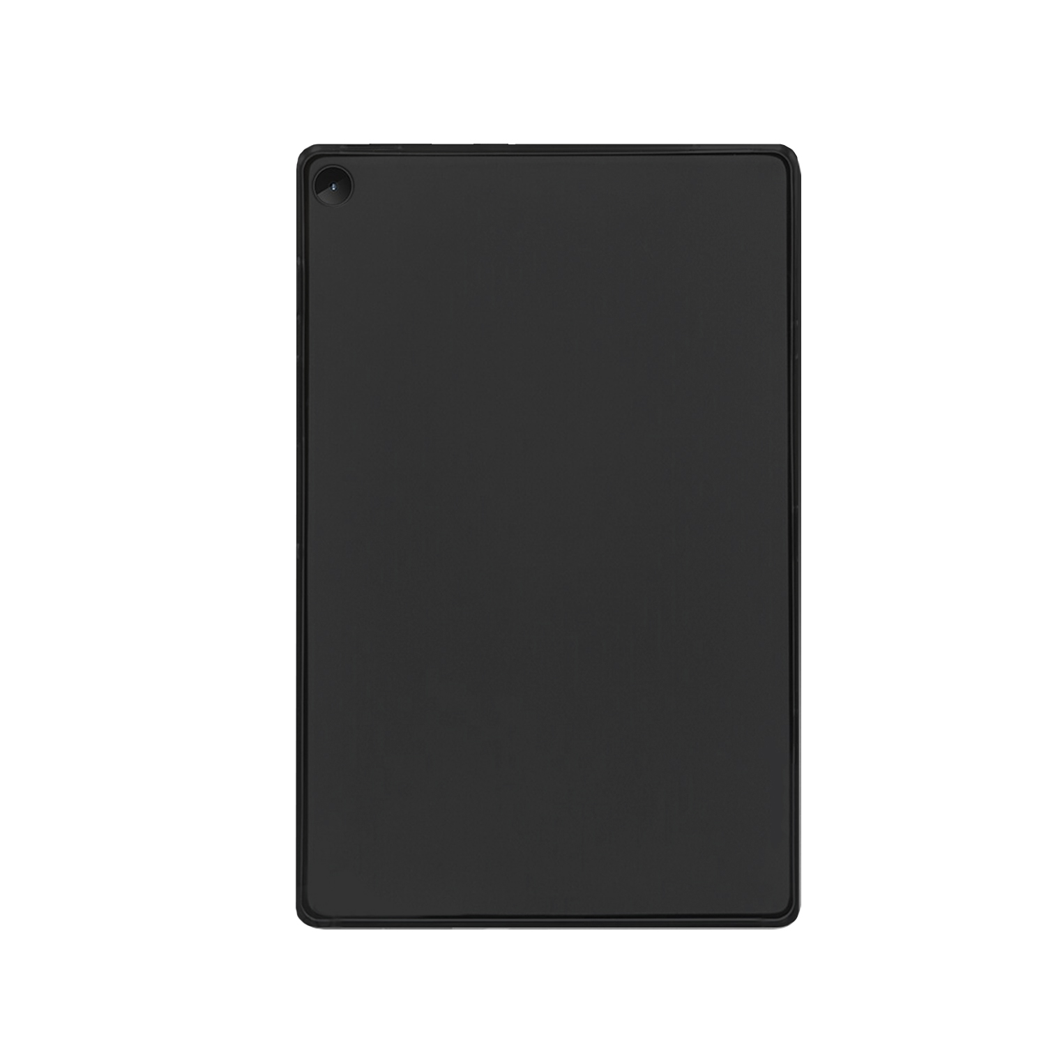 Schwarzes Tablet, Rückansicht. Schwarzer Hintergrund.