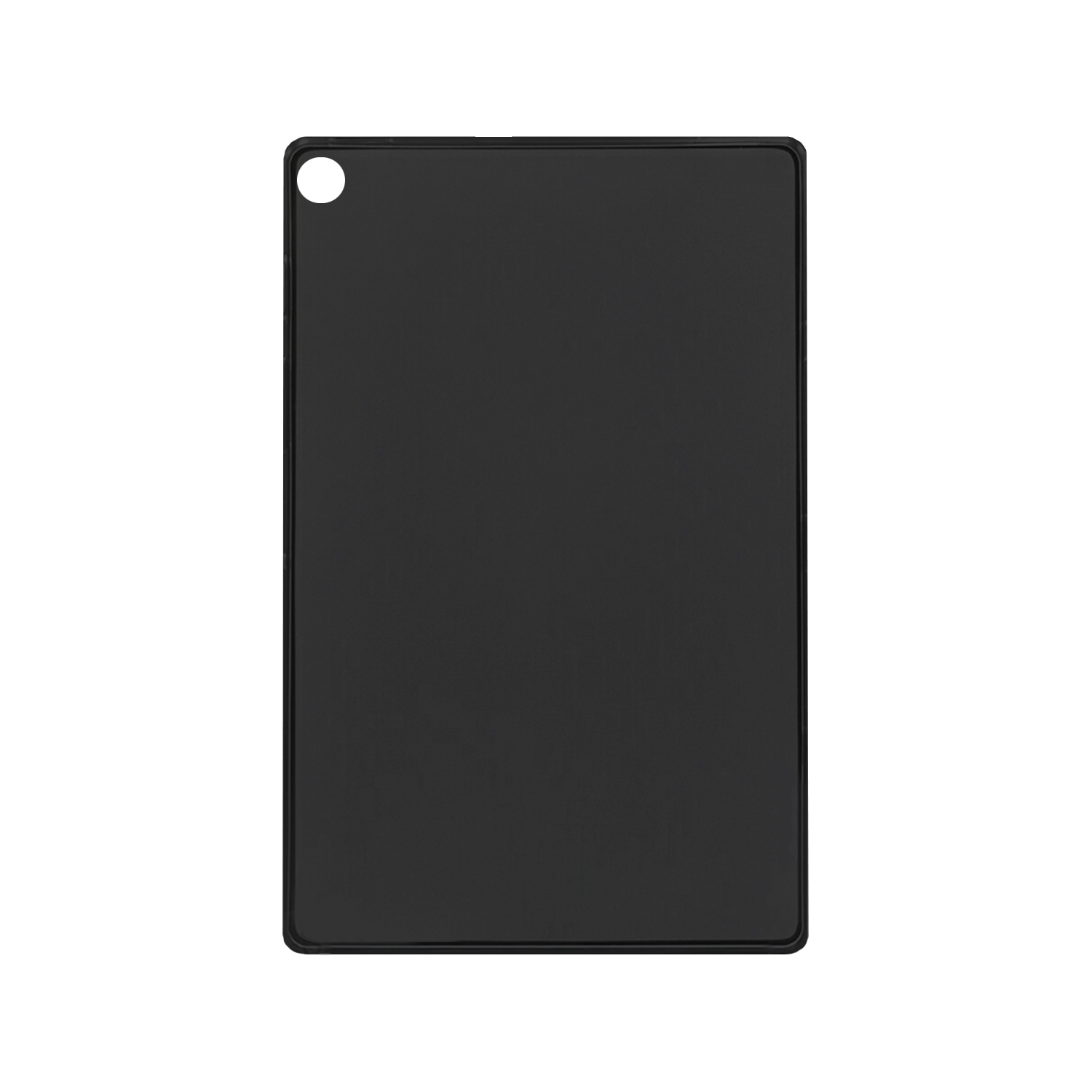 Eine schlichte schwarze Tablet-Rückseite. Die Rückseite hat ein Kamera Loch und eine glatte, matte Oberfläche.