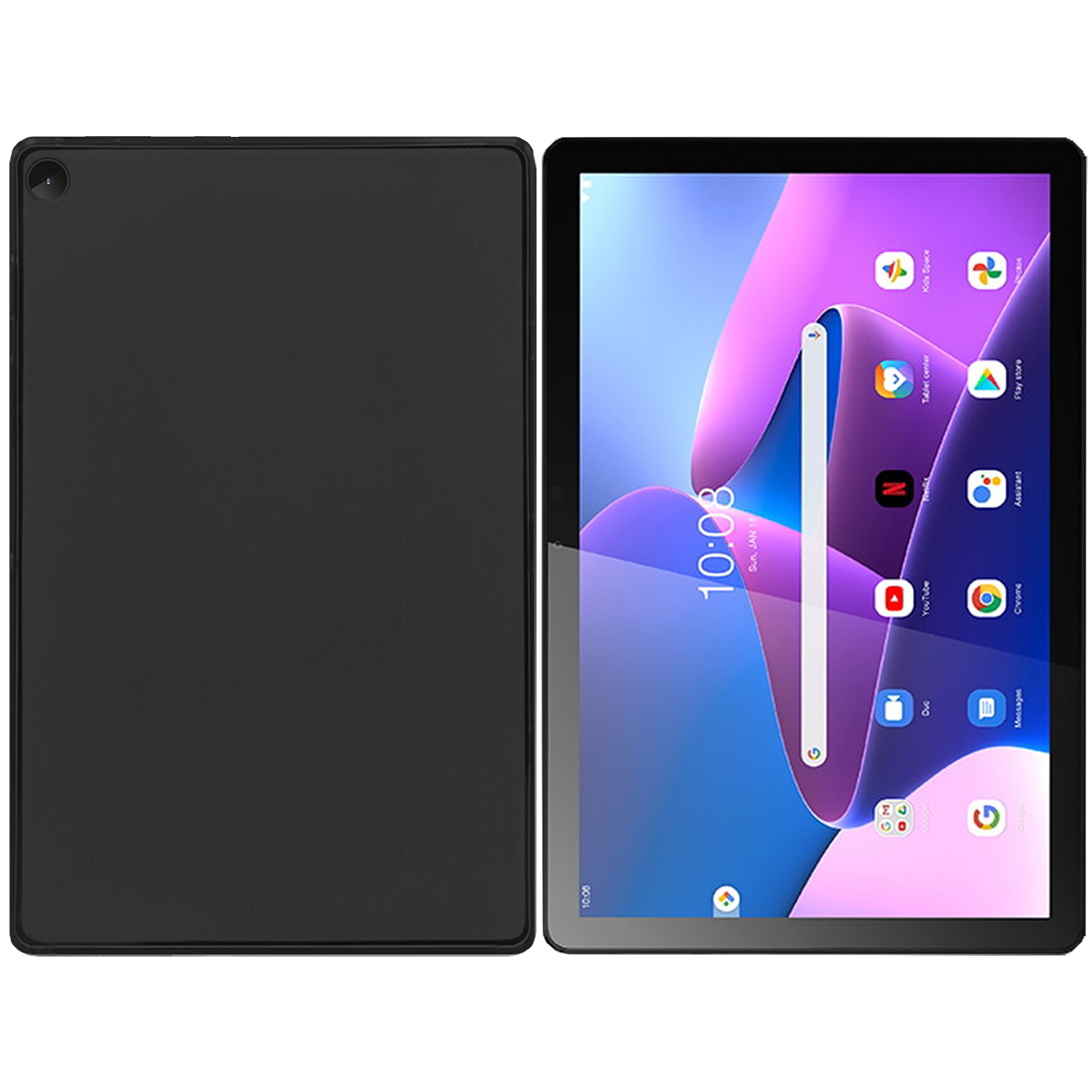 Ein Tablet auf weißem Hintergrund, mit schwarzer Hülle und dem Bildschirm, der eine Benutzeroberfläche zeigt.