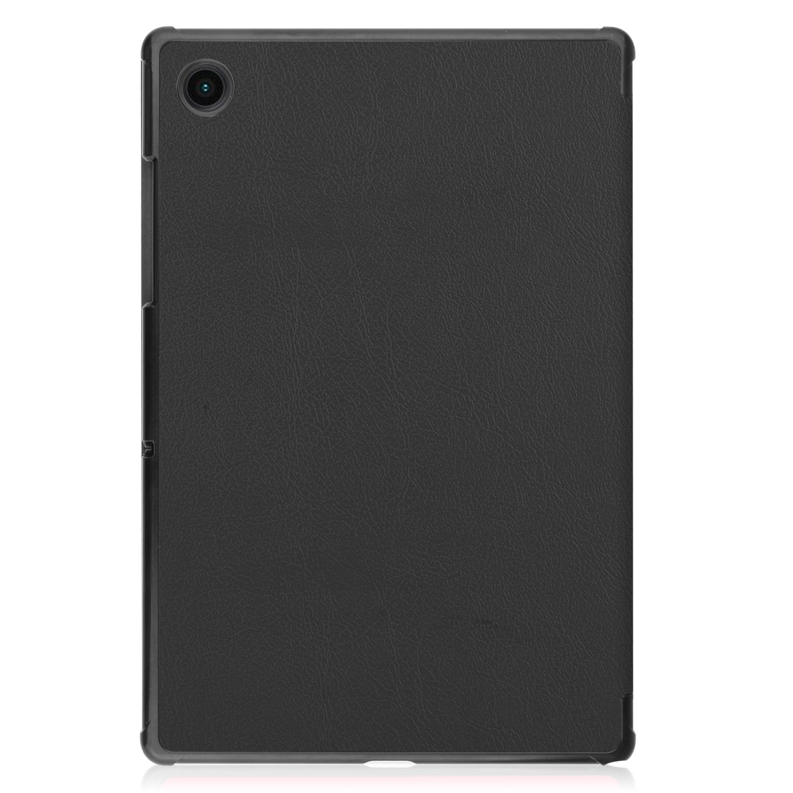 Schwarze Tablethülle, Rückansicht, mit glatter, strukturierter Oberfläche. Schlichtes Design.