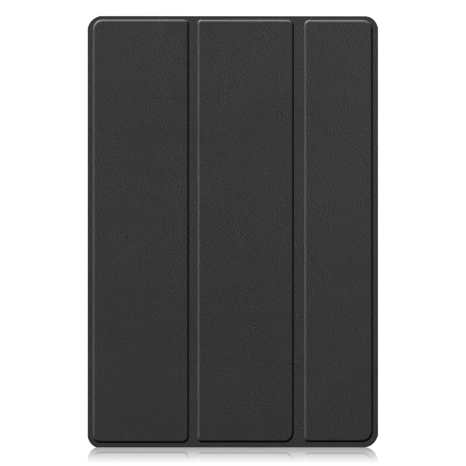 Schwarze Tablethülle, geschlossen, mit strukturierter Oberfläche. Die Hülle ist vertikal vor weißem Hintergrund.