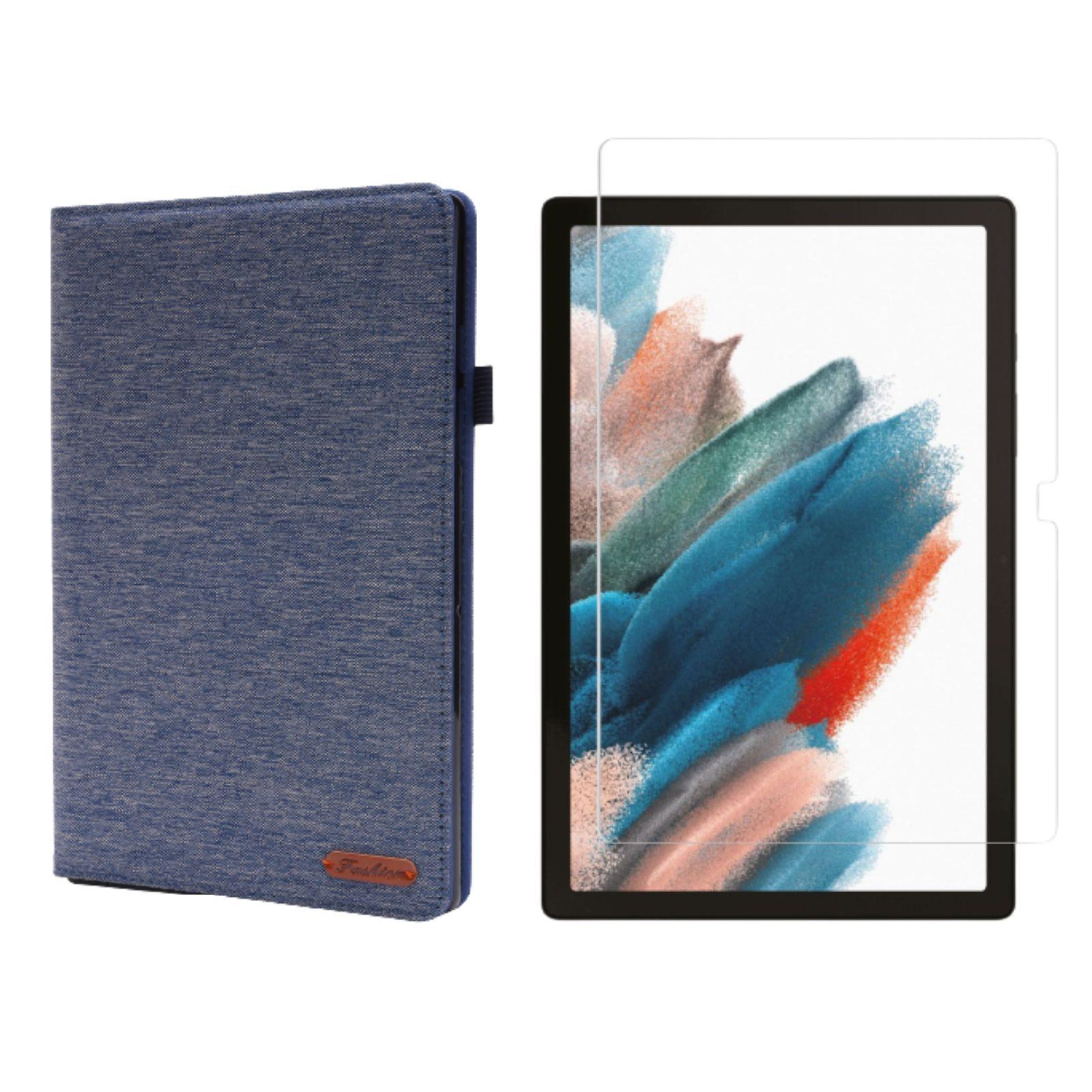 LOBWERK 2in1 Set für Zoll A8 SM-X200 X205 10.5 Case + Blau Kunststoff, Bookcover Samsung Galaxy Tab (Schutzhülle Schutzglas)