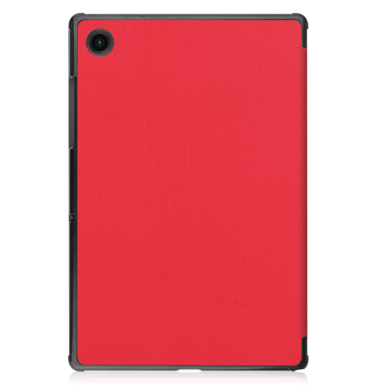Rote Tablet-Hülle auf weißem Hintergrund. Die Rückseite des Tablets ist sichtbar.