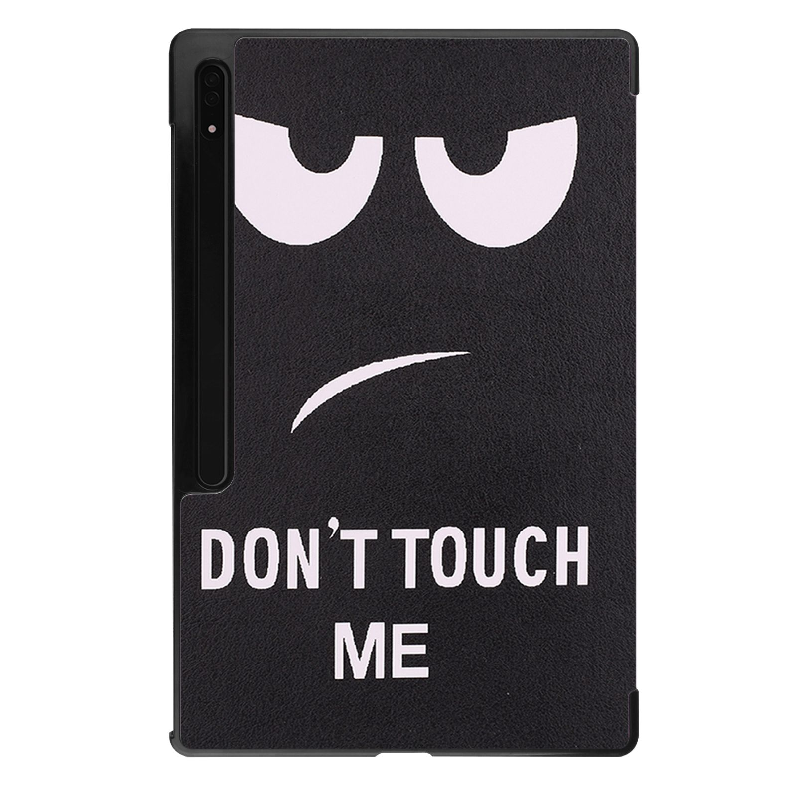 Schwarze Tablethülle mit Gesicht und "DON'T TOUCH ME". Das Tablet ist in der Hülle.