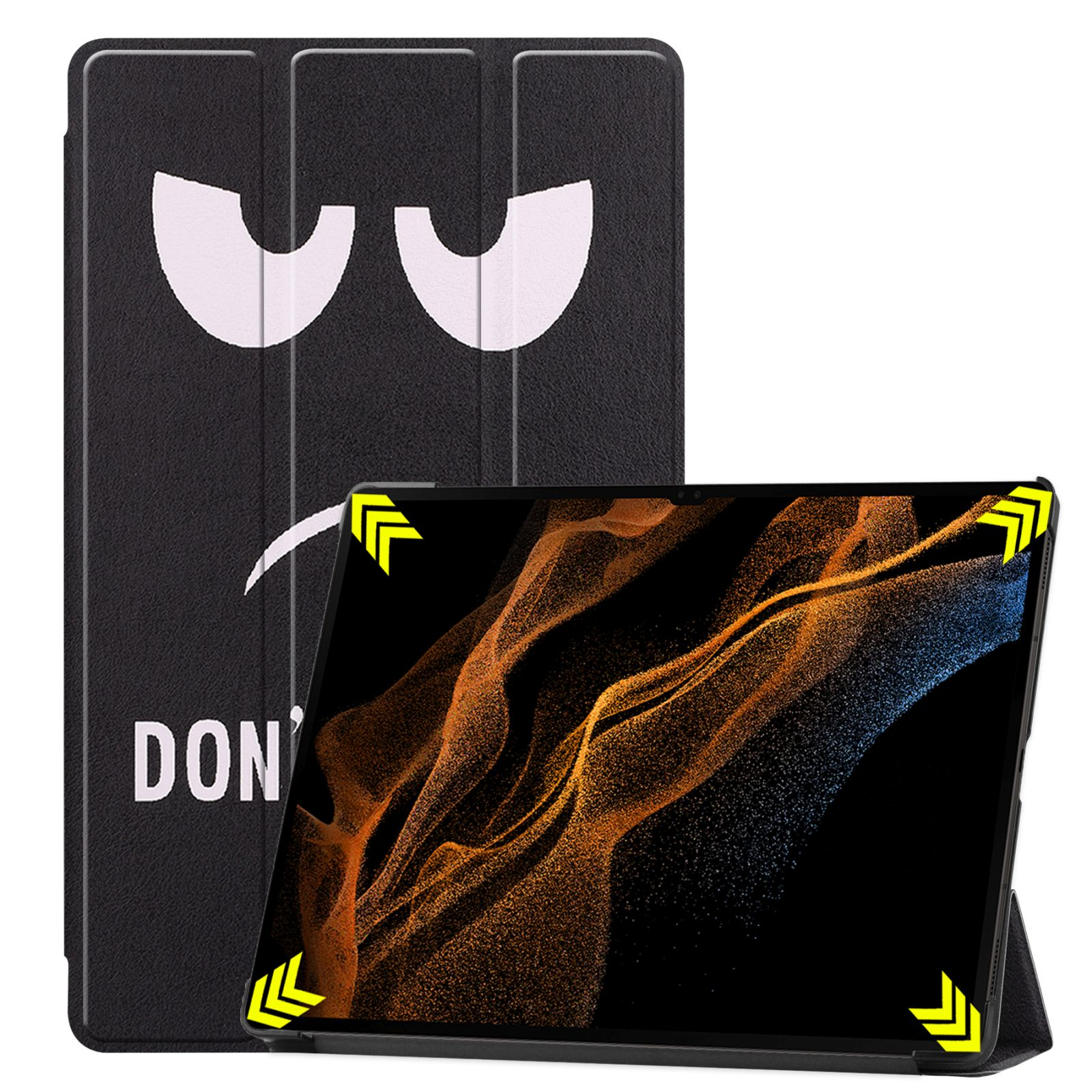 Schwarze Tablet-Hülle mit Cartoon-Gesicht. Das Tablet hat einen schwarzen Bildschirm. Hab keine Angst.