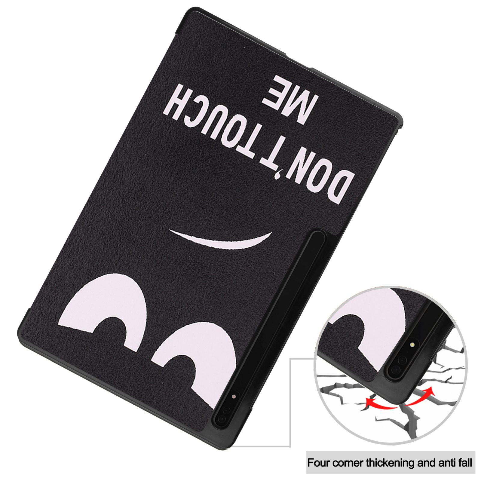 Schwarze Tablethülle mit den Worten 'DON'T TOUCH ME' und Cartoon-Augen. Anti-Fall-Design.