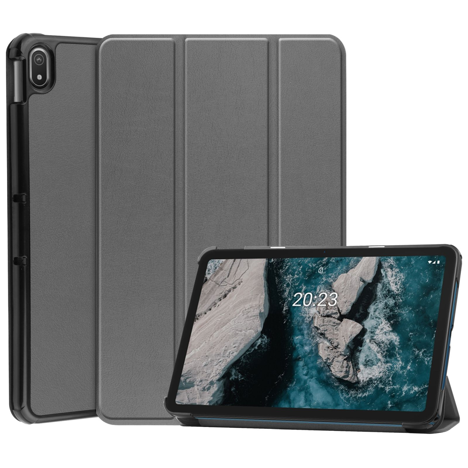 Tablet mit grauer Hülle. Das Tablet befindet sich in einer Standposition mit der Hülle.