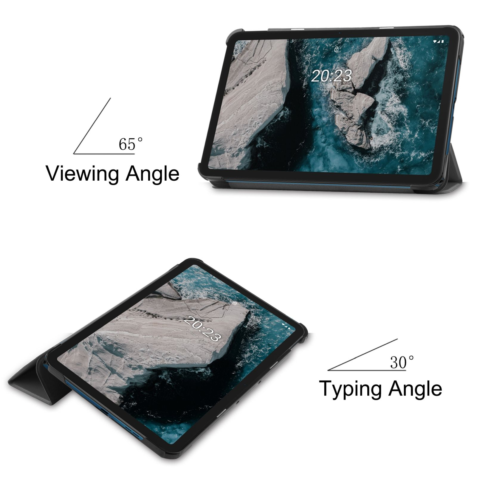 Ein Tablet in einer Hülle, das den Betrachtungs- und Tippwinkel zeigt. Der Text zeigt, dass der Betrachtungswinkel 65 Grad beträgt.
