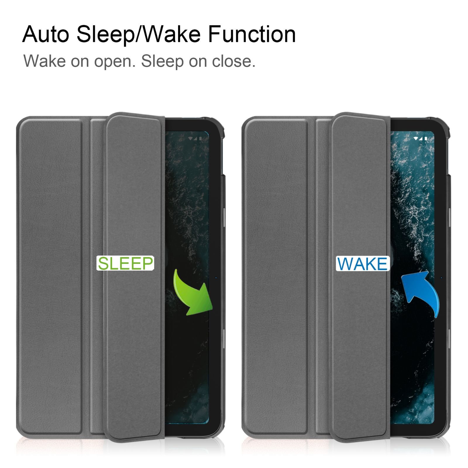 Zwei Bilder, die den geöffneten und geschlossenen Zustand einer Tablethülle zeigen. Text: Auto Sleep/Wake-Funktion.
