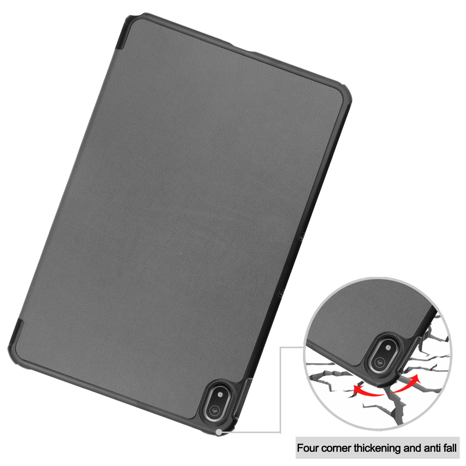 Graue Tablethülle mit Tablet. Nahaufnahme zeigt Eckenschutz und Anti-Fall-Funktion.