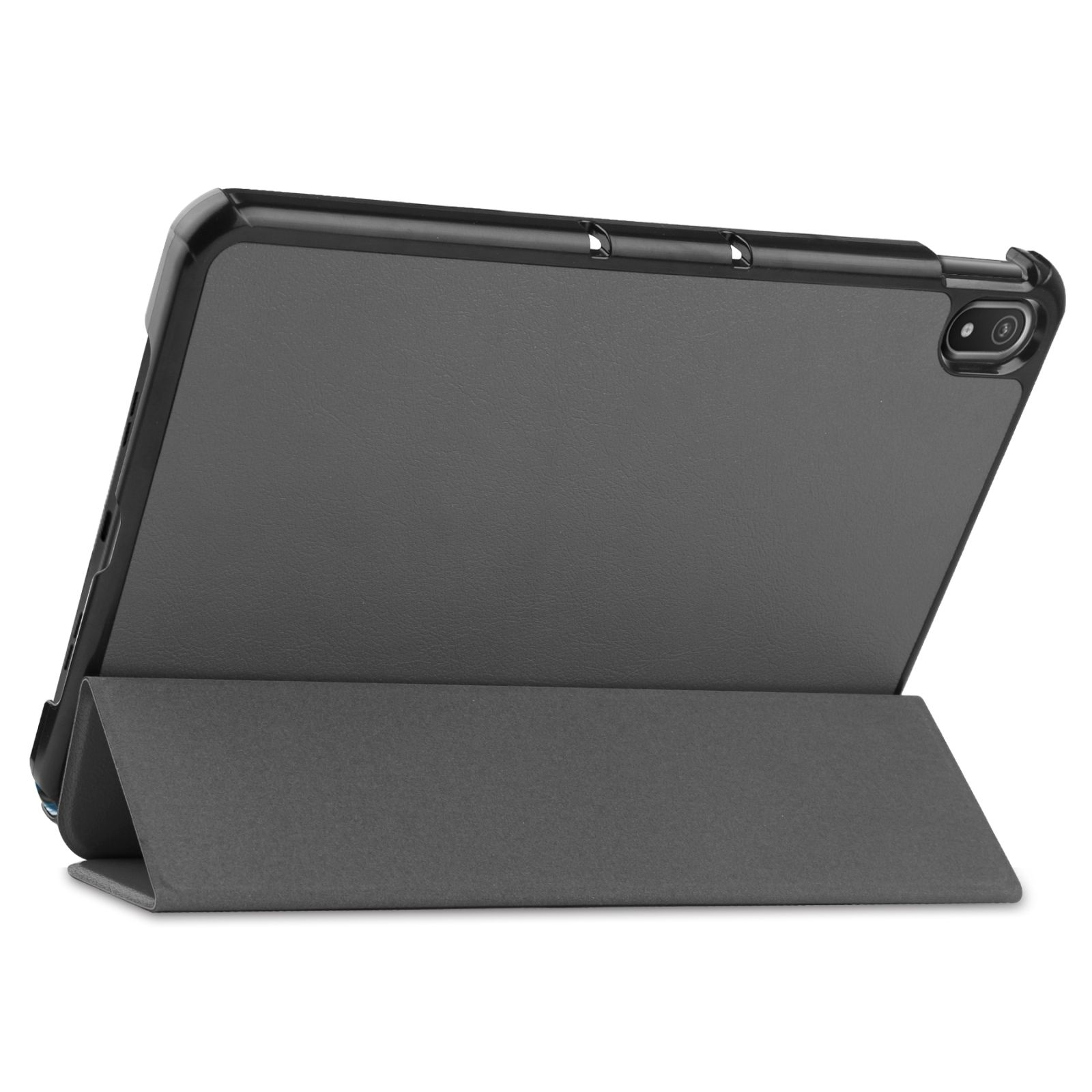 Tablet mit grauer Hülle, hochgestellt. Die Hülle ist geöffnet und das Display ist sichtbar.