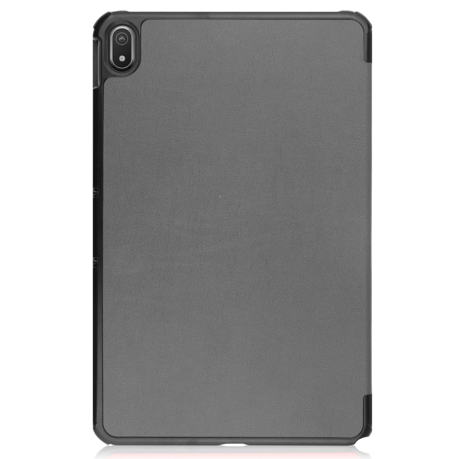 Eine geschlossene graue Tablet-Hülle mit einer Doppel-Kamera oben.