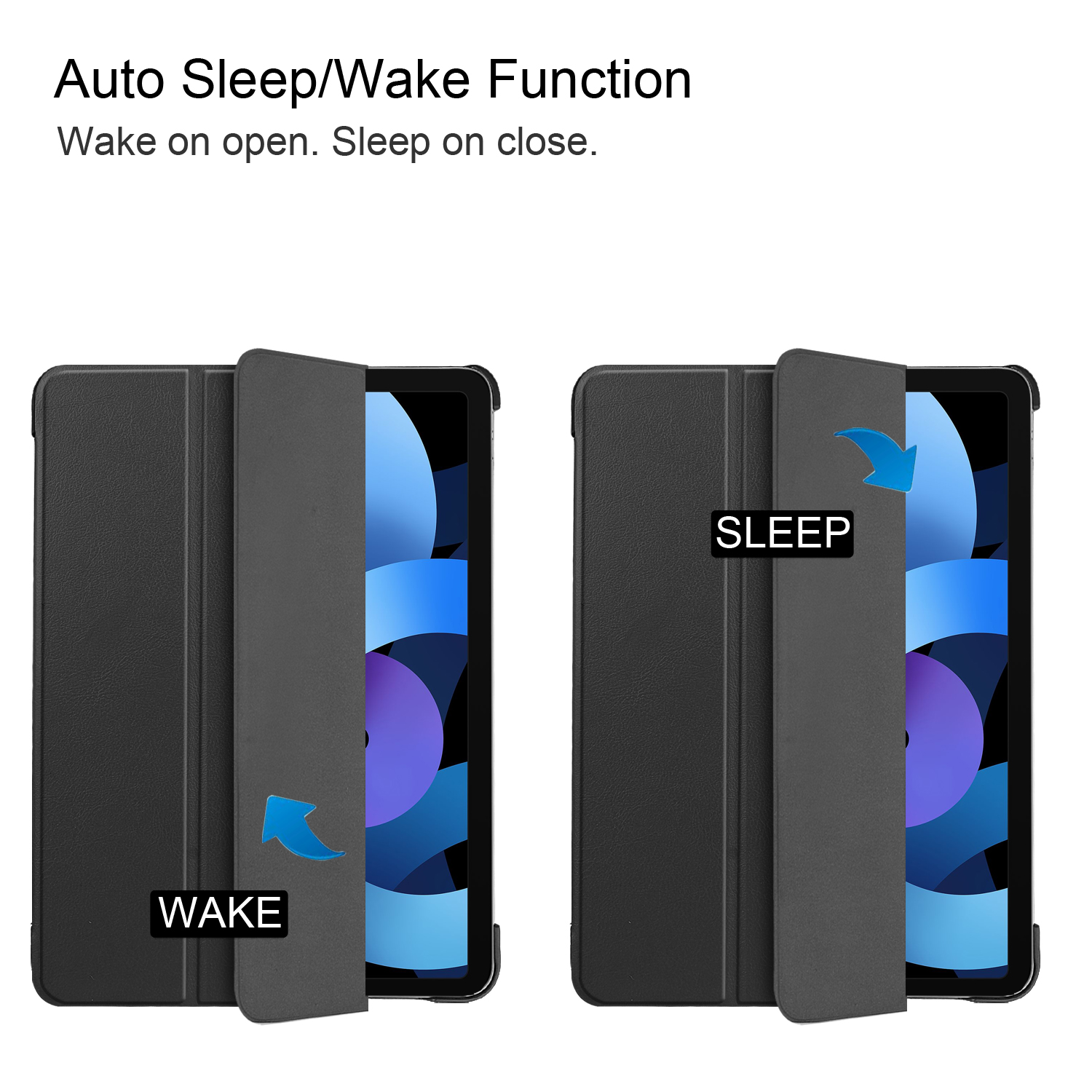 Schwarze Tablet-Hülle, die die Funktionen 'WAKE' und 'SLEEP' mit geöffneter und geschlossener Hülle zeigt.