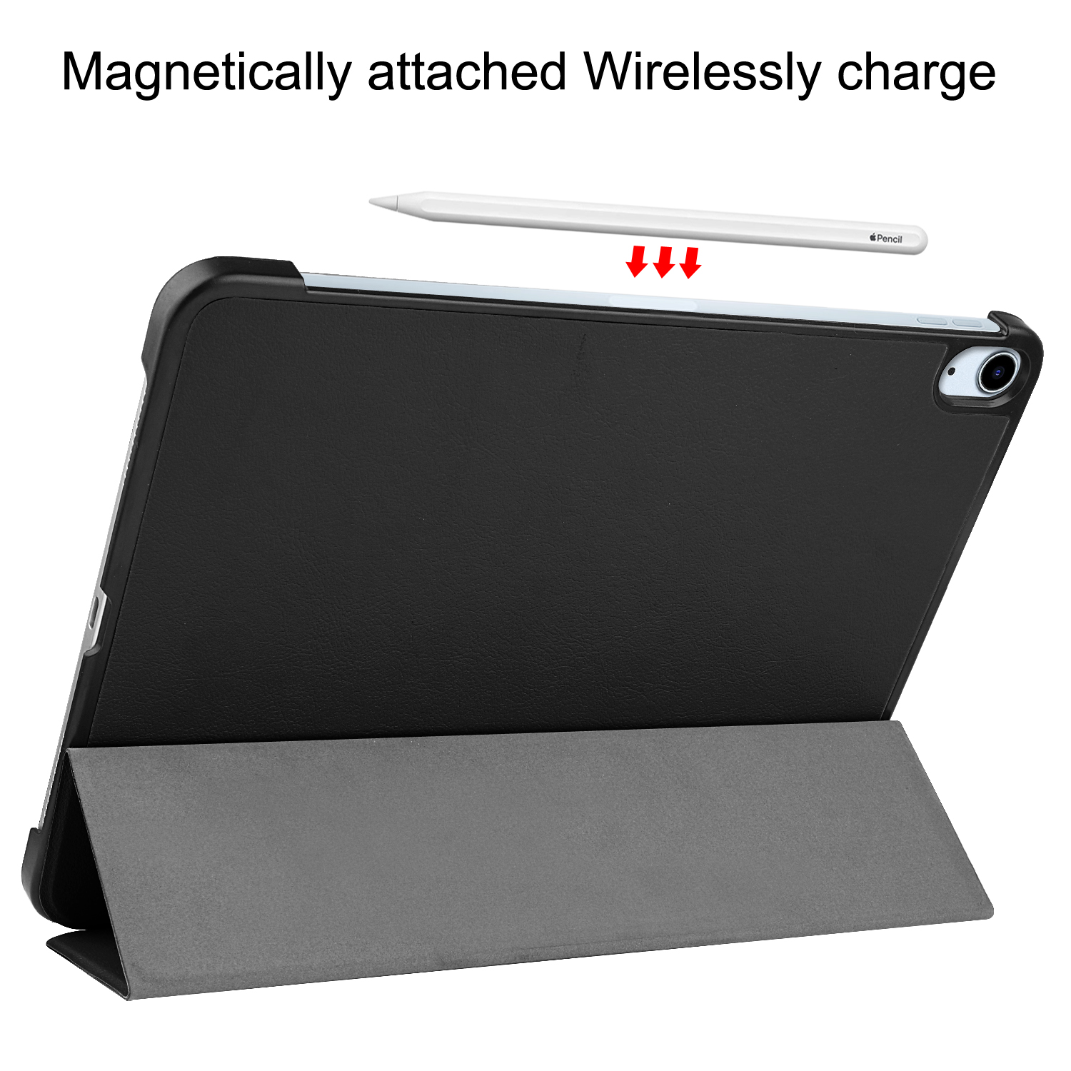 Tablet mit schwarzem Case und magnetisch befestigtem Stift, grauer Ständer. Stift wird geladen.
