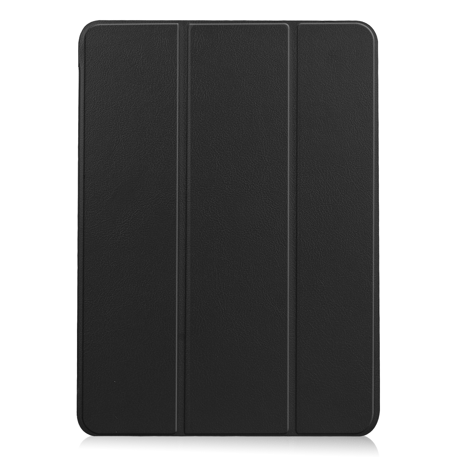 Geschlossene schwarze Tablethülle. Das Gehäuse hat drei vertikale Linien.