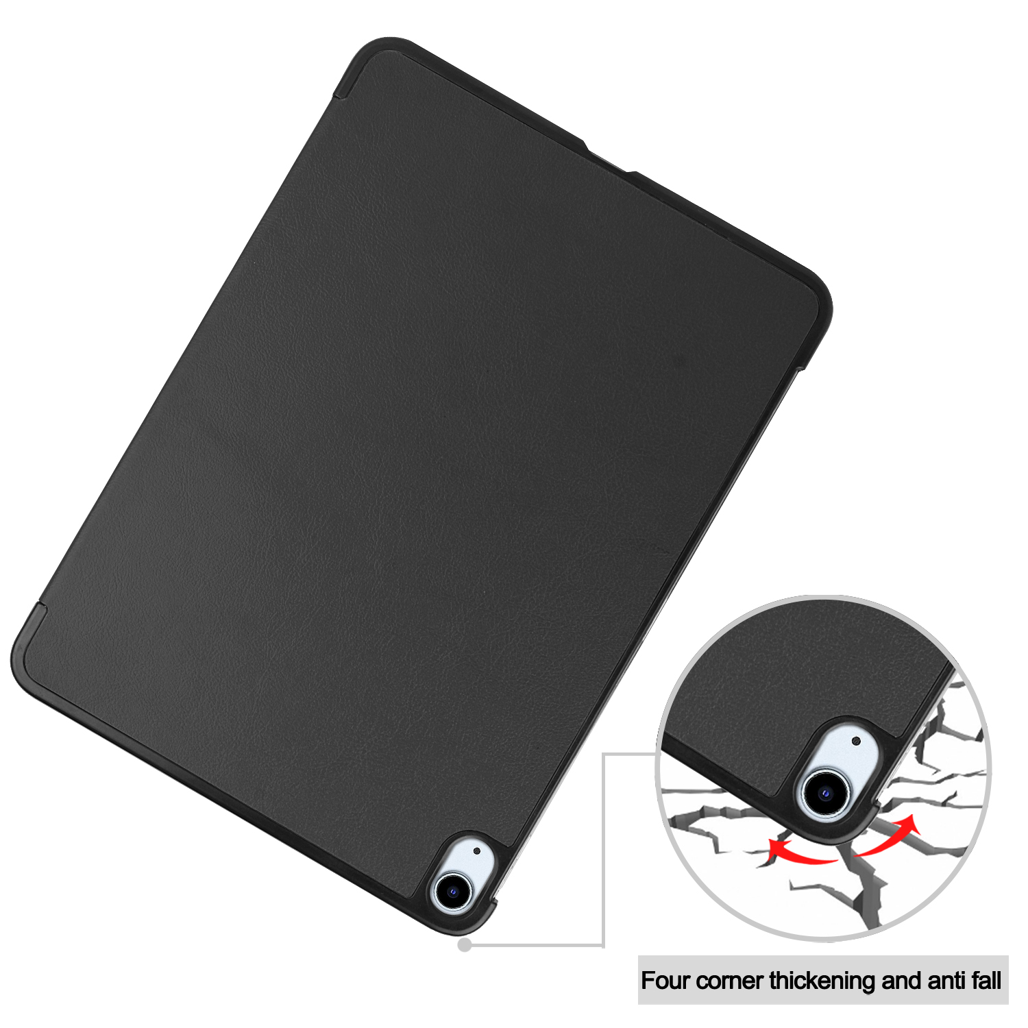 Eine schwarze Tablethülle mit Eckenschutz. Zeigt eine Nahaufnahme des Kamerabereichs.