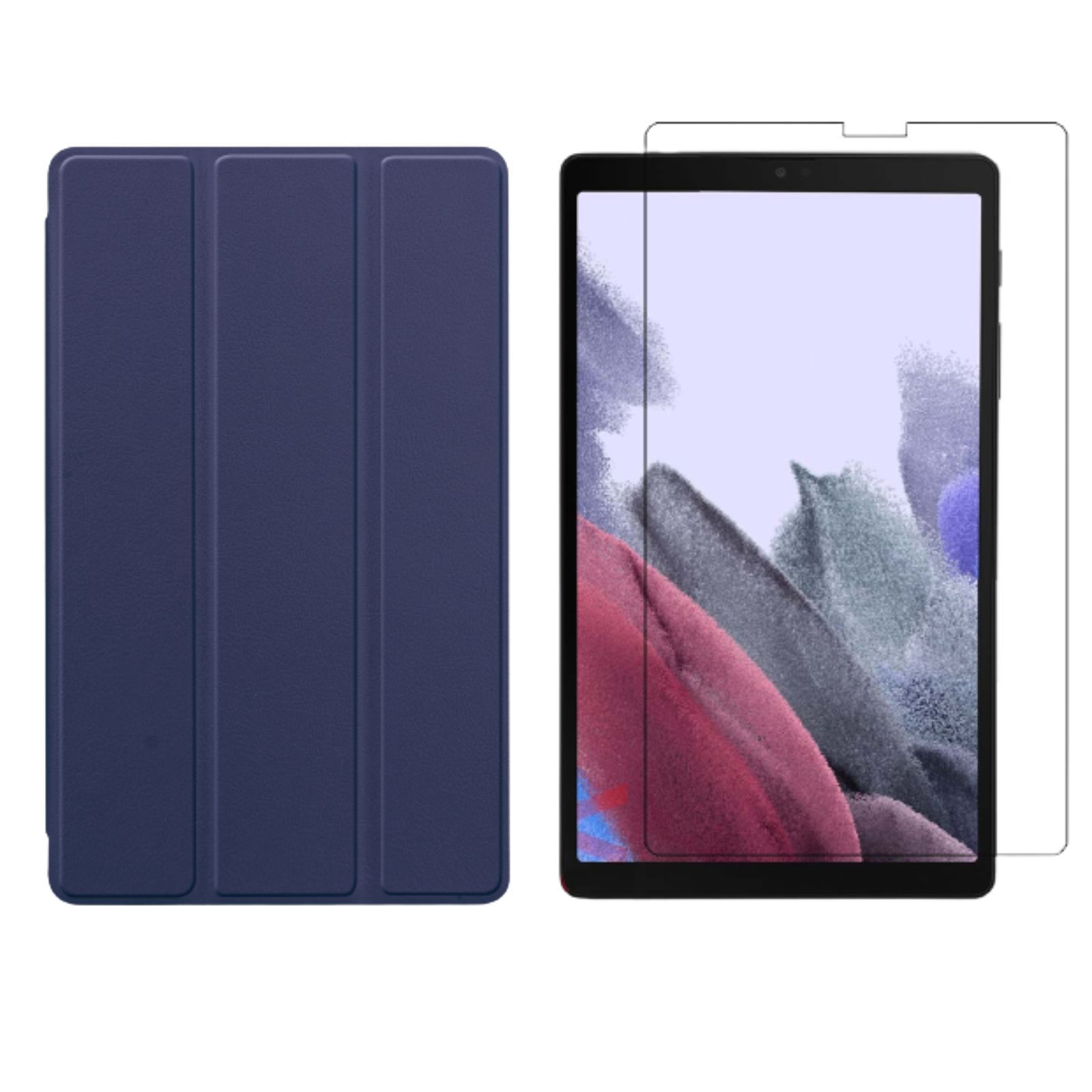 LOBWERK 2in1 Set (Schutzhülle Case für 8.7 + Lite Zoll A7 Galaxy Tab SM-T220 Bookcover SM-T225 2021 Schutzglas) Kunstleder, Blau Samsung