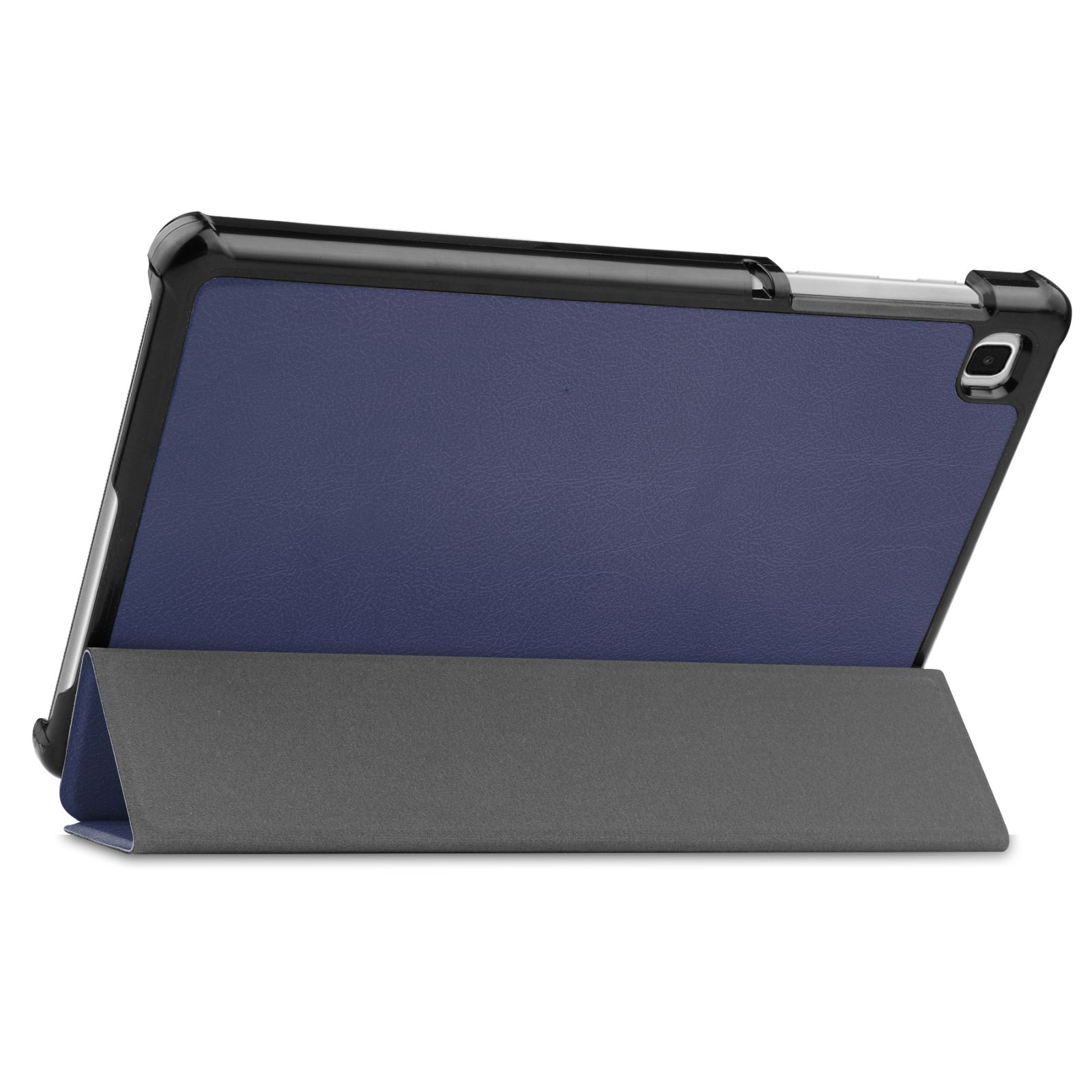 Tablet in blauer Hülle. Hülle offen, um das Tablet aufzustellen. Die Hülle ist grau und hat ein einfaches Design.
