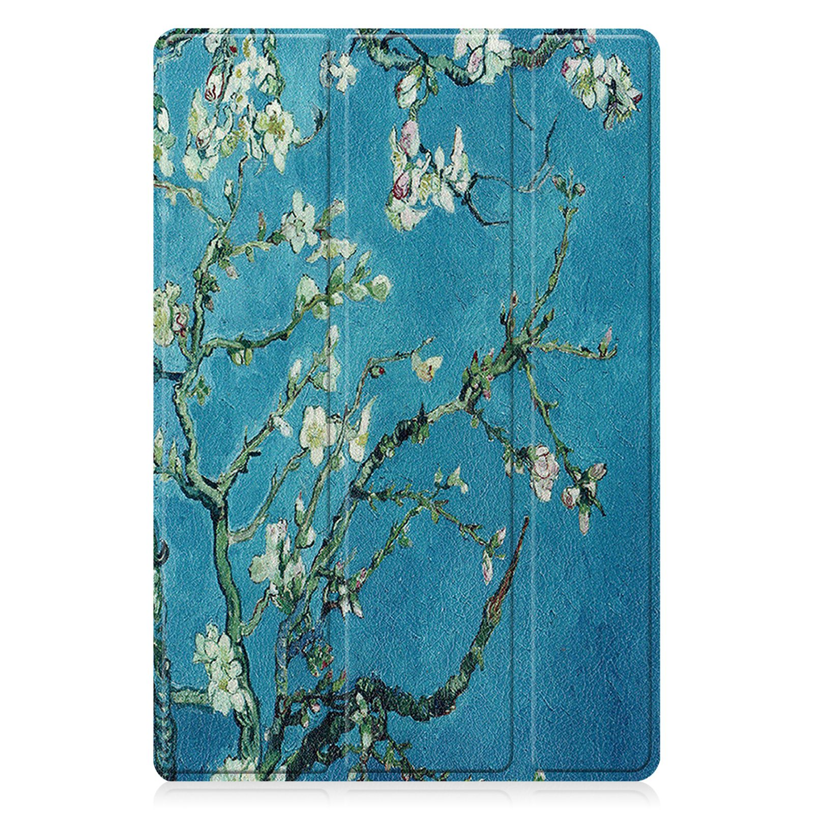 Tablet-Hülle mit floralem Design. Blauer Hintergrund mit weißen Blumen und grünen Blättern. Ästhetisch.